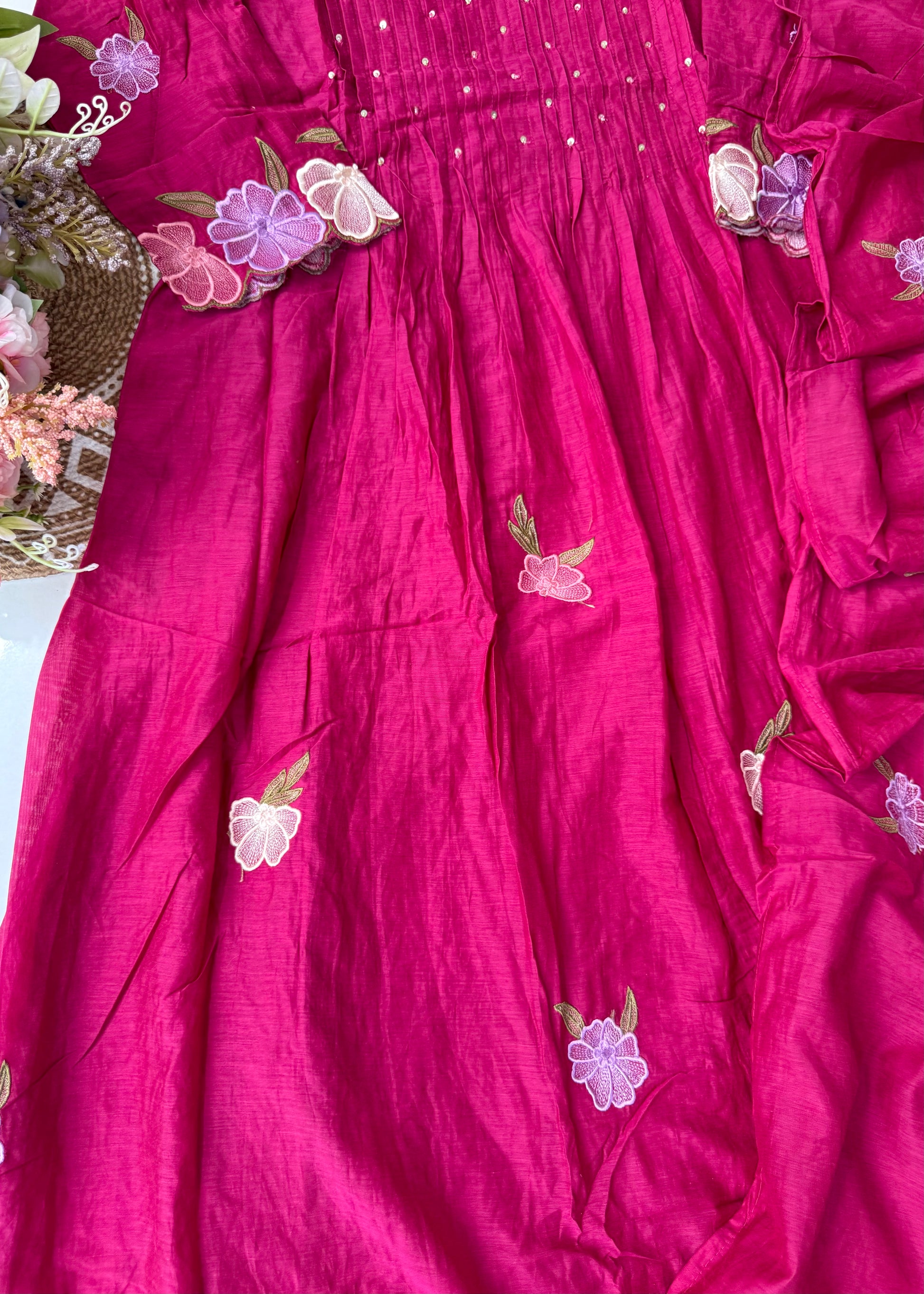 “Jhanvi” Luxury Mul Chanderi Anarkali Set | Appliqué Embroidery | Dupatta & Bottom