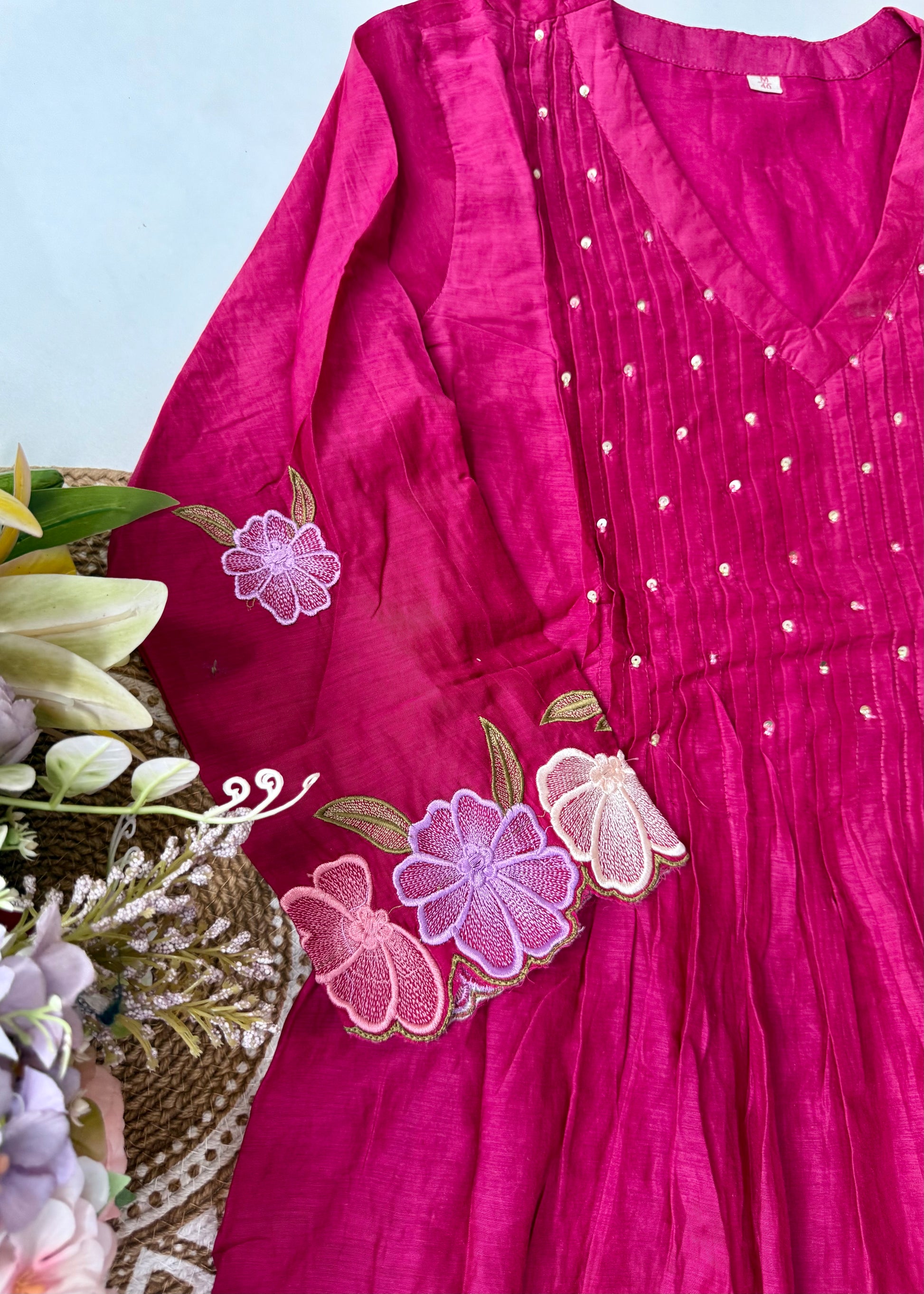 “Jhanvi” Luxury Mul Chanderi Anarkali Set | Appliqué Embroidery | Dupatta & Bottom