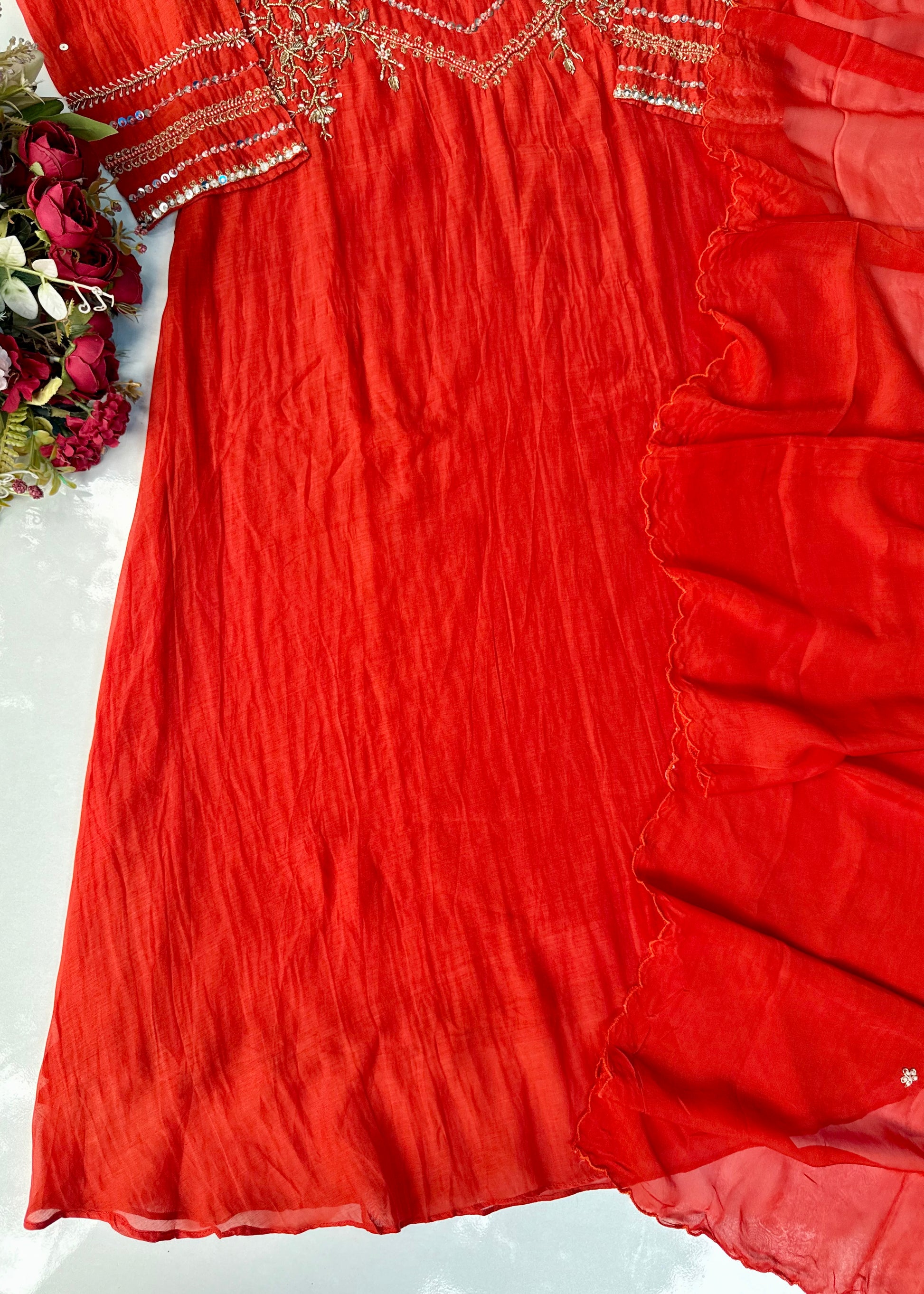 “Chanda” Premium karwa orange mul chanderi A line kurta set