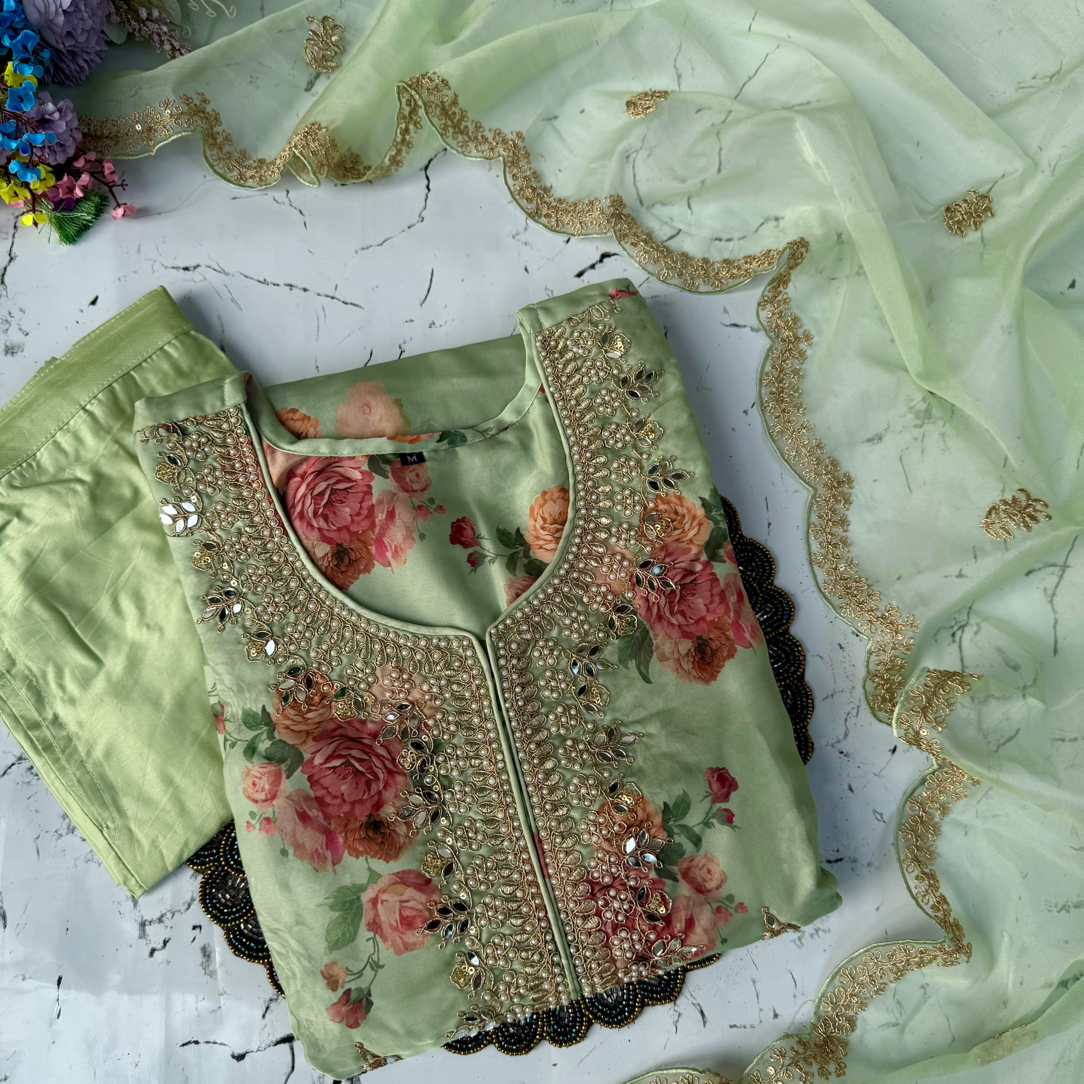"Aditi" Pista green organza printed & handwork stright kurta set