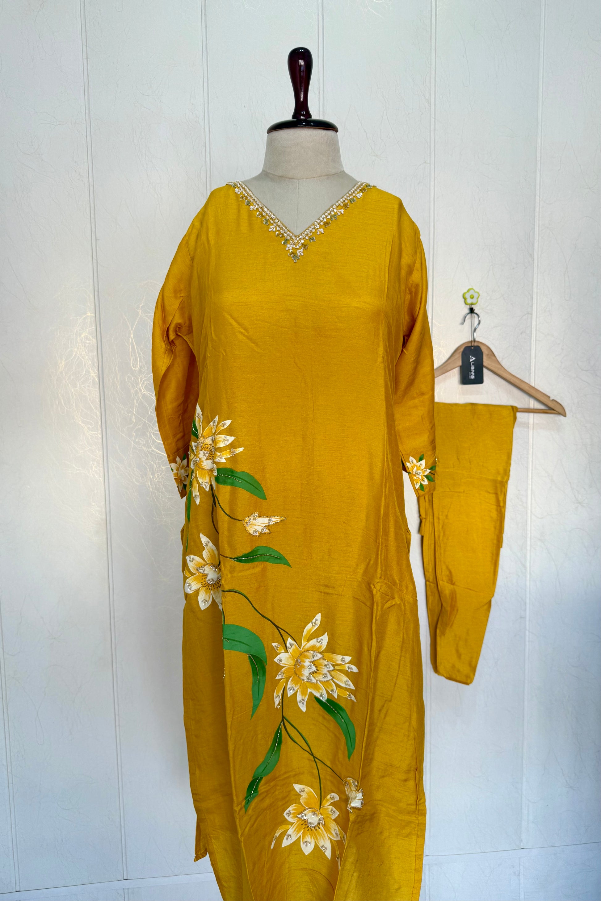 “Yeefa” Mustard Yellow dola silk hand print kurta set