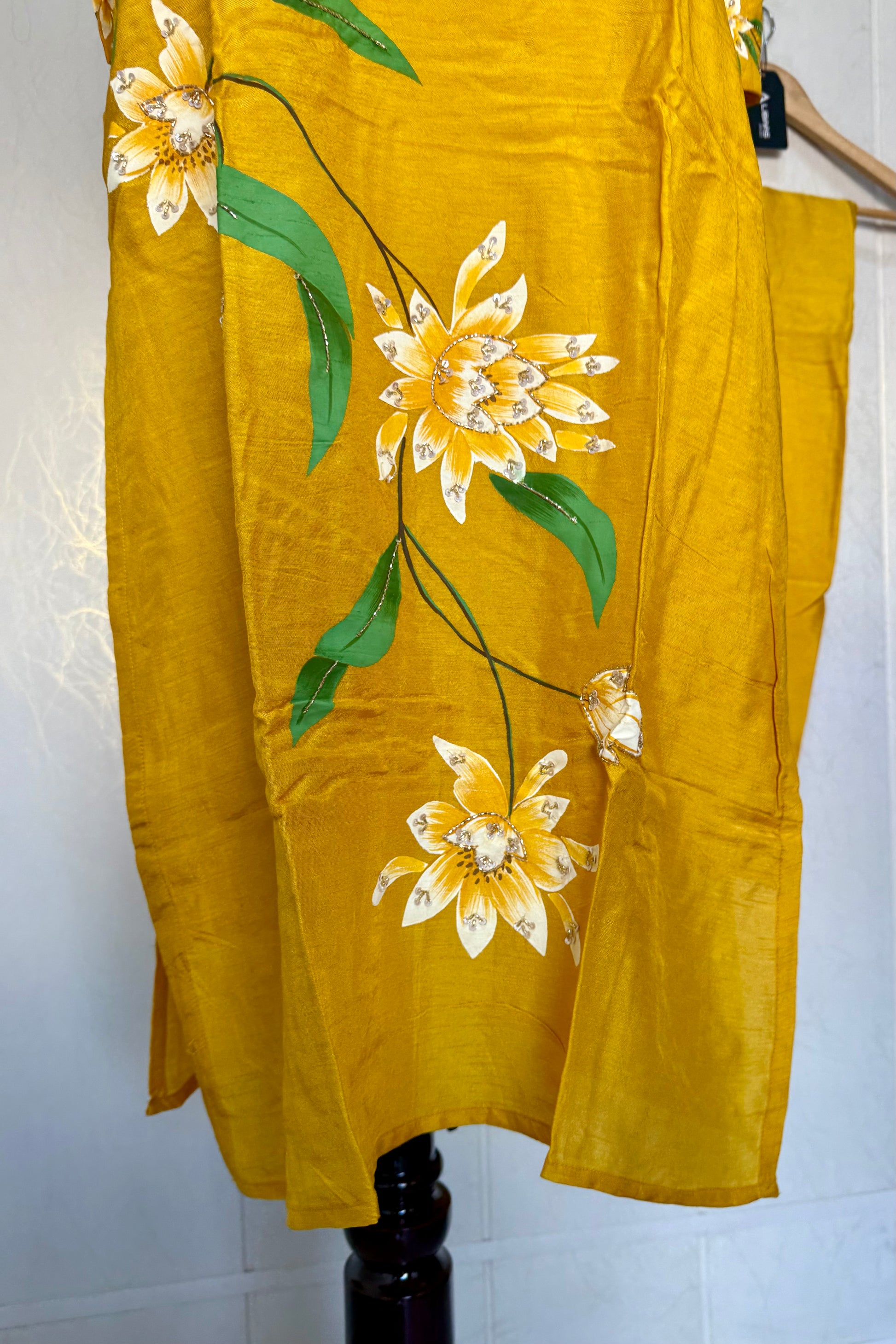 “Yeefa” Mustard Yellow dola silk hand print kurta set