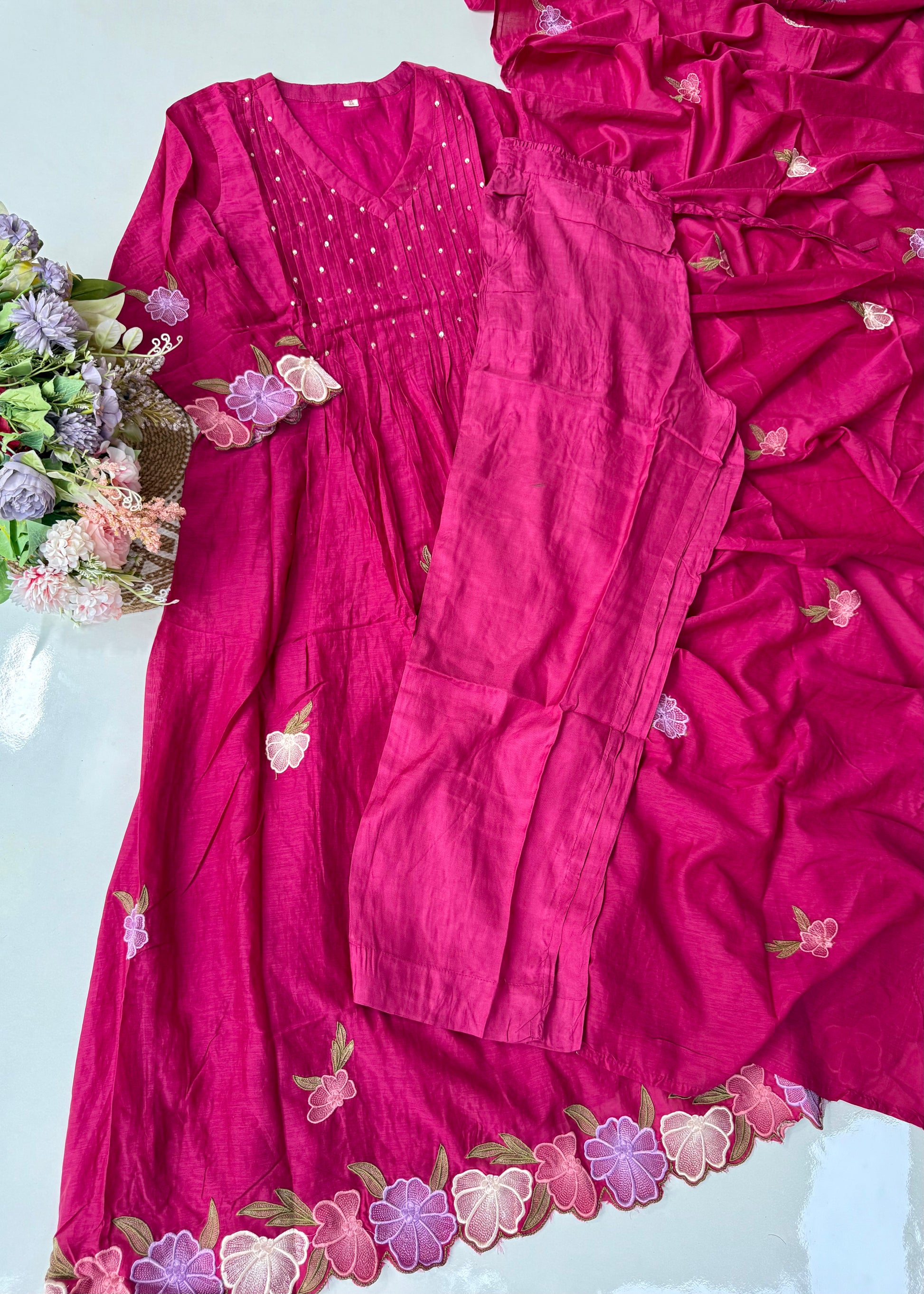 “Jhanvi” Luxury Mul Chanderi Anarkali Set | Appliqué Embroidery | Dupatta & Bottom