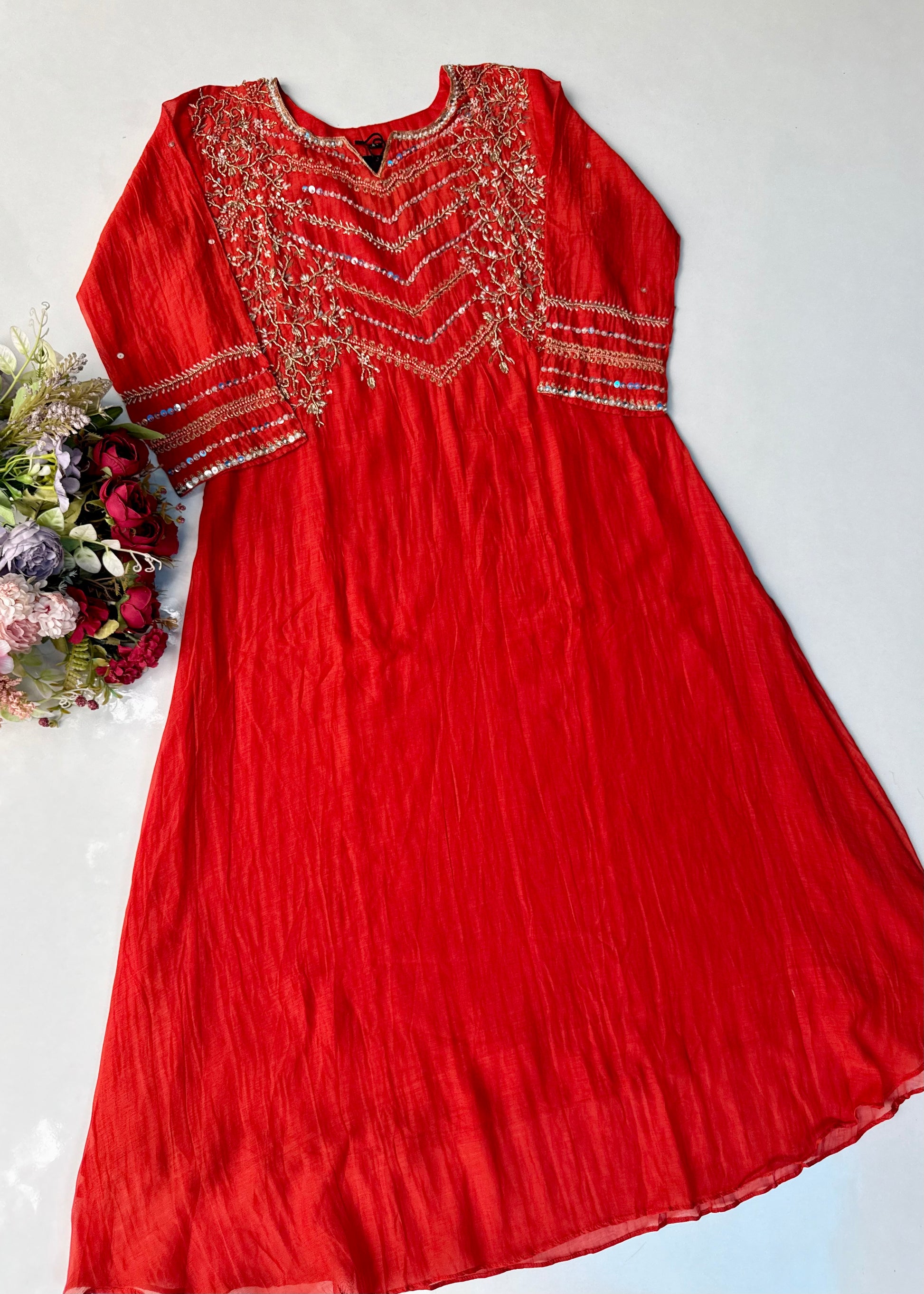 “Chanda” Premium karwa orange mul chanderi A line kurta set