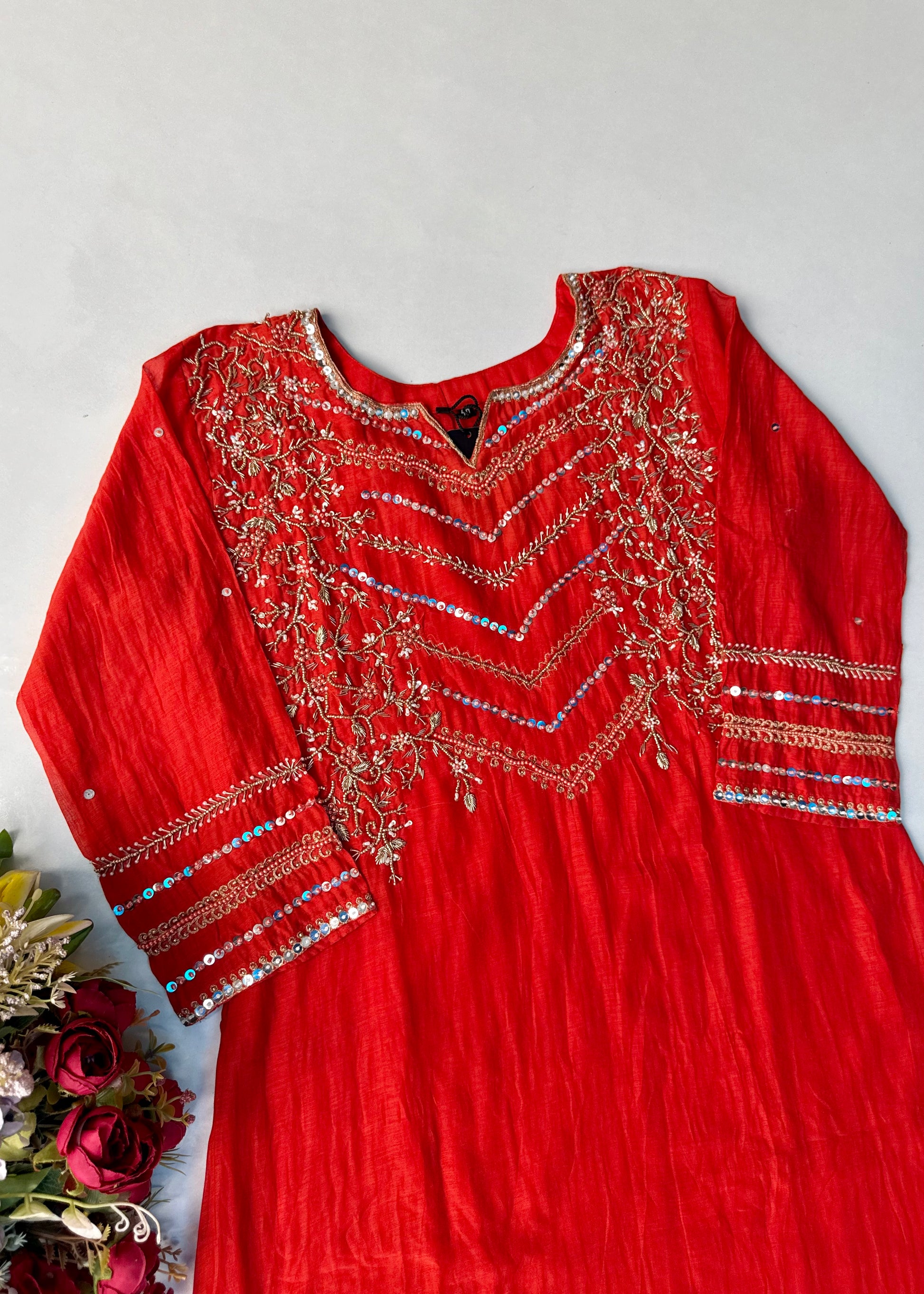 “Chanda” Premium karwa orange mul chanderi A line kurta set