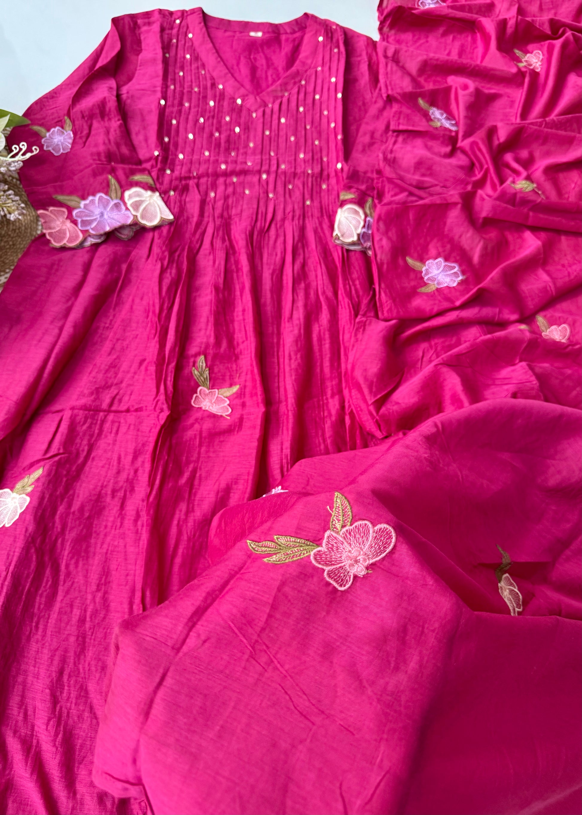 “Jhanvi” Luxury Mul Chanderi Anarkali Set | Appliqué Embroidery | Dupatta & Bottom
