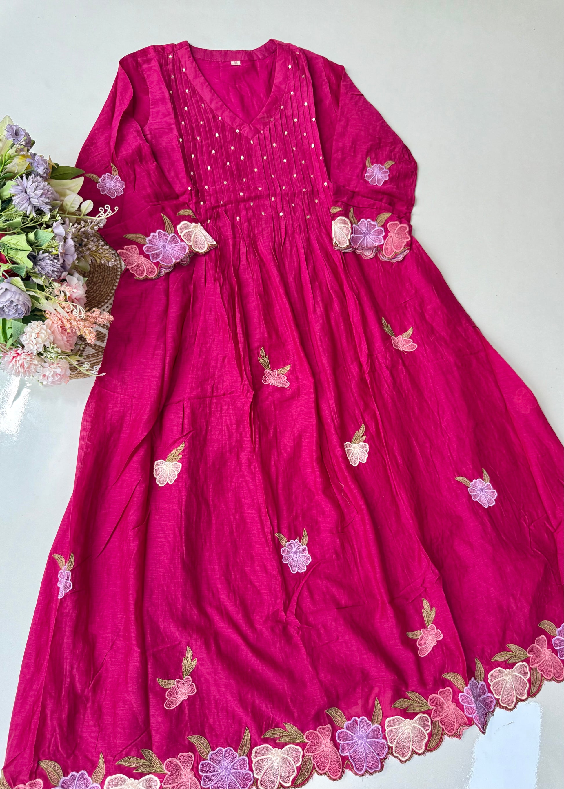 “Jhanvi” Luxury Mul Chanderi Anarkali Set | Appliqué Embroidery | Dupatta & Bottom