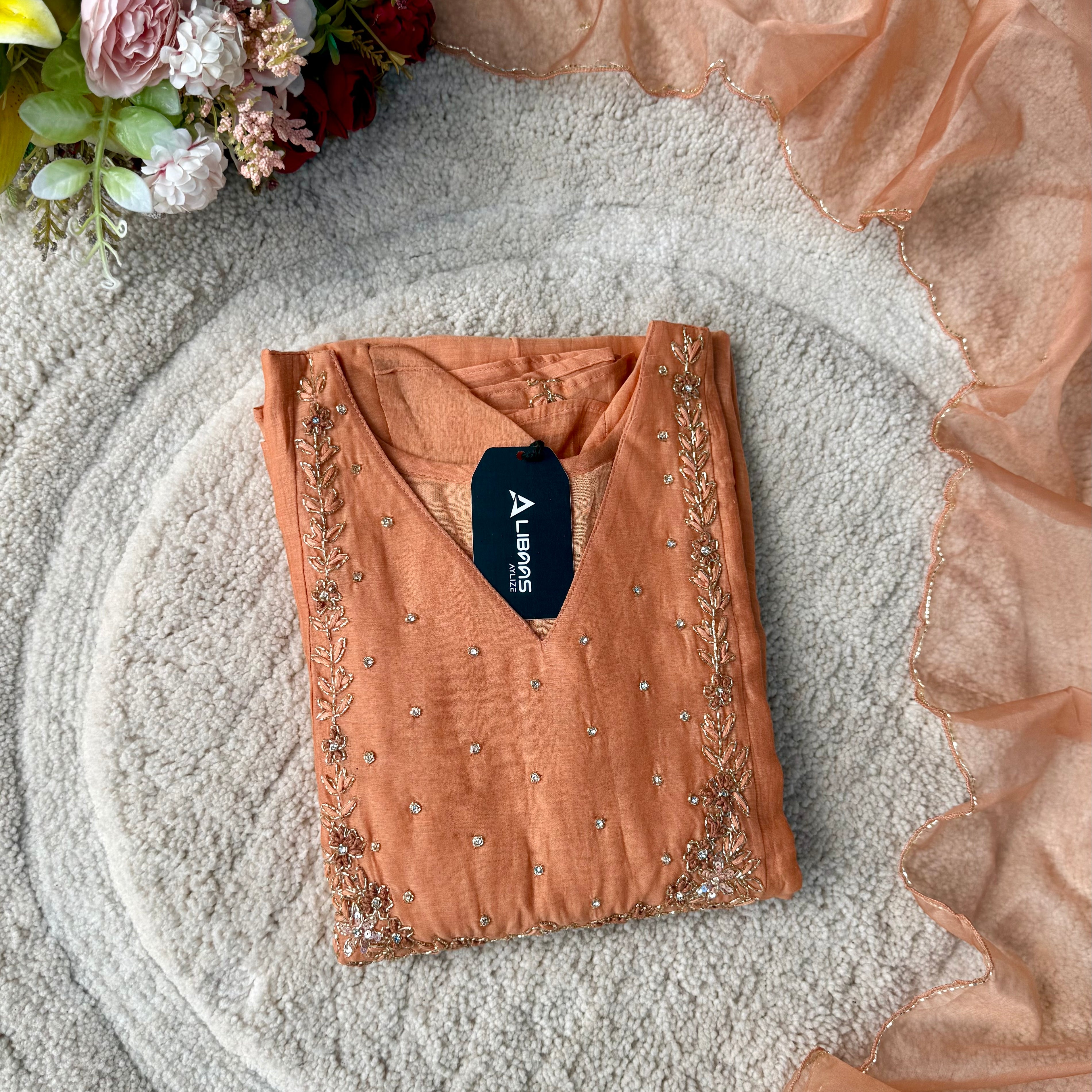 “Ayza” Pre Book Premium Peach Mul Chanderi A Line Suit set 🛍️