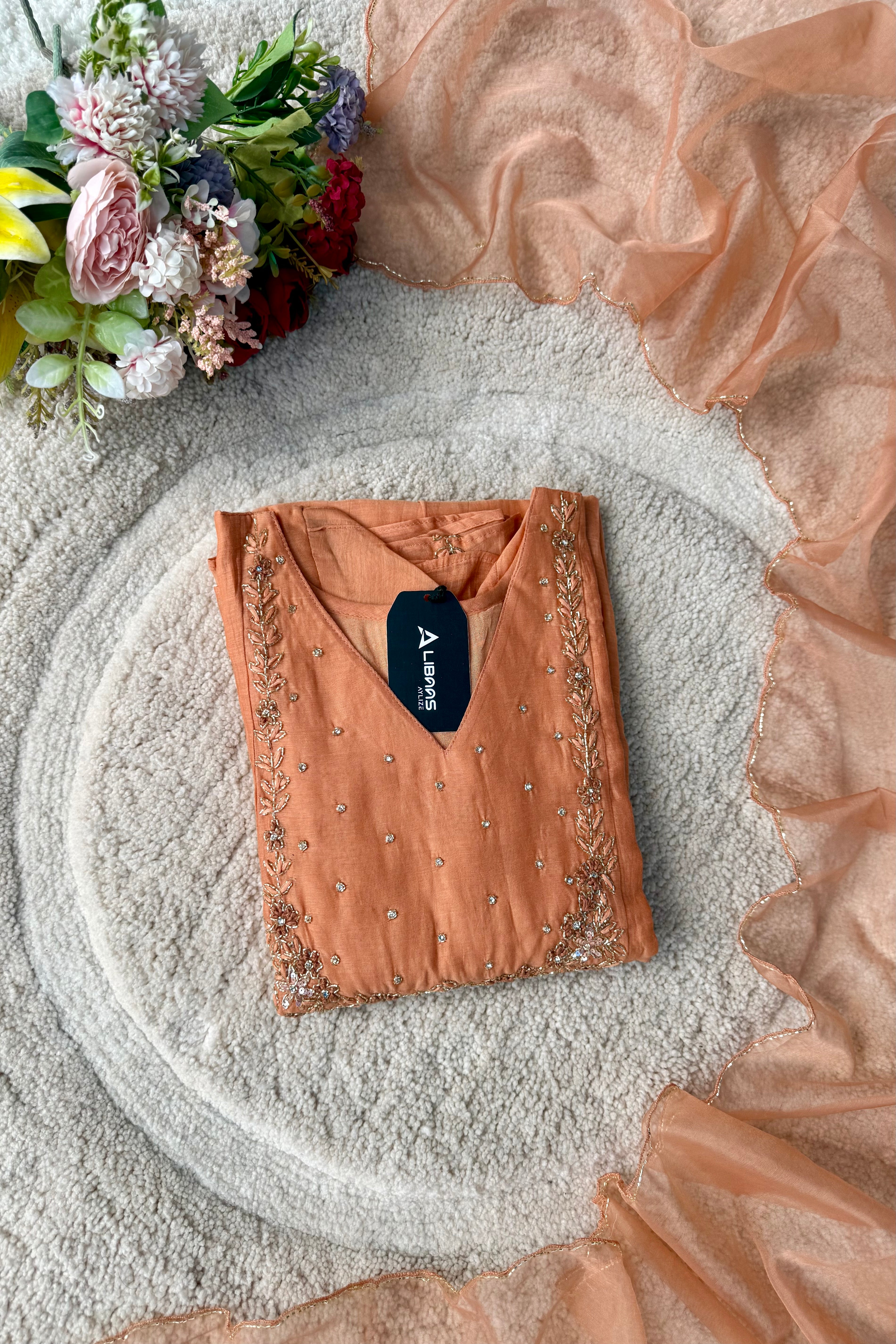 “Ayza” Pre Book Premium Peach Mul Chanderi A Line Suit set 🛍️