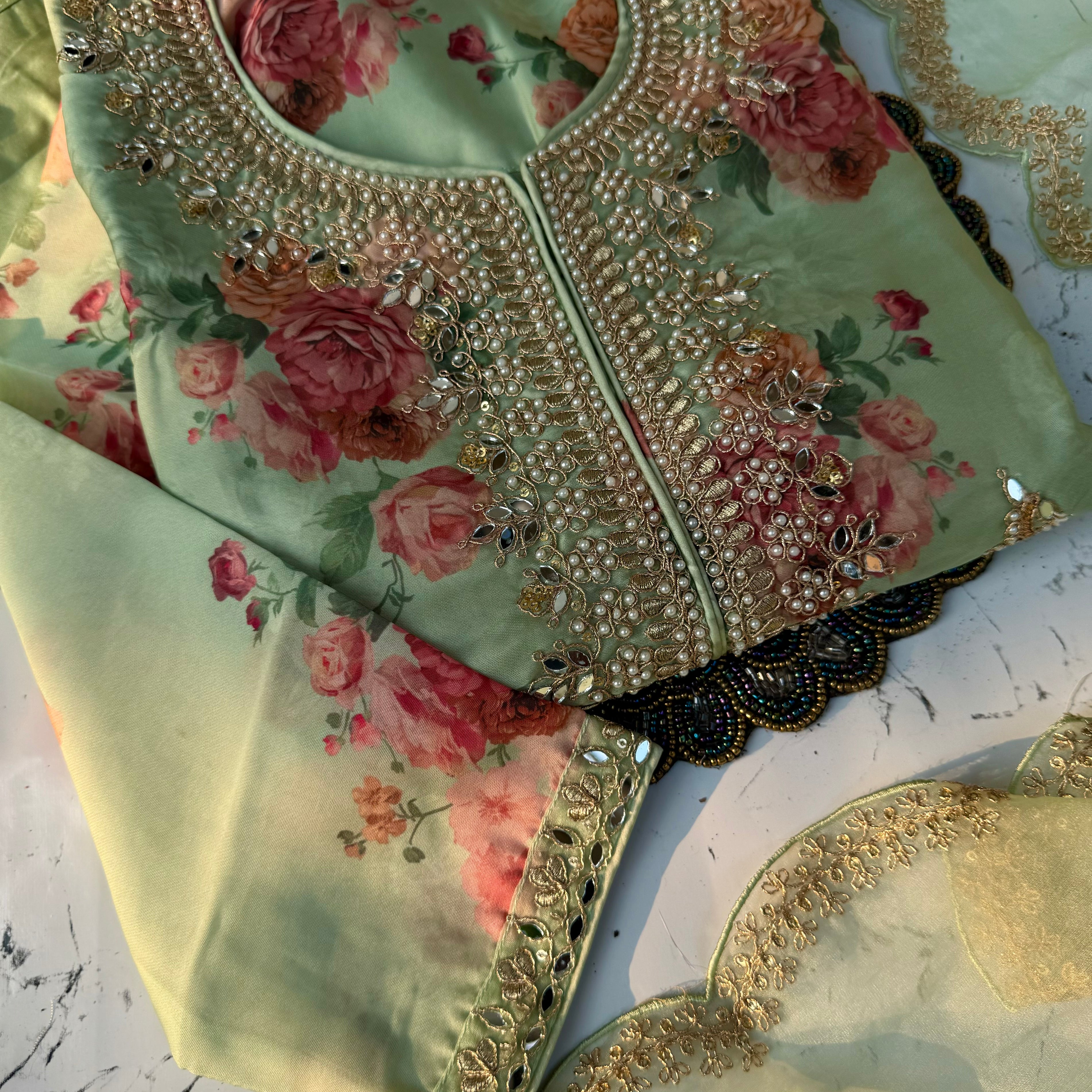 "Aditi" Pista green organza printed & handwork stright kurta set