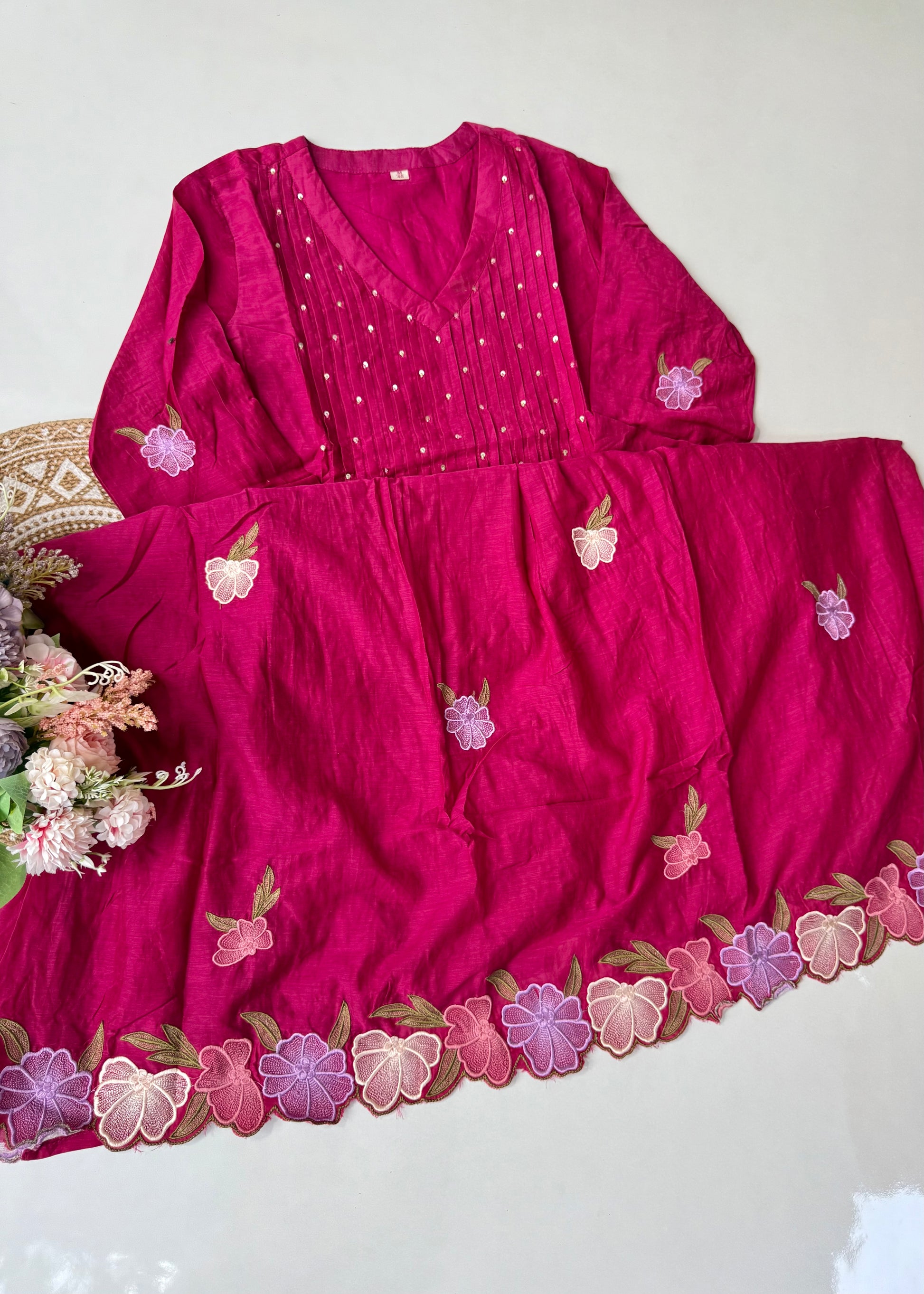 “Jhanvi” Luxury Mul Chanderi Anarkali Set | Appliqué Embroidery | Dupatta & Bottom
