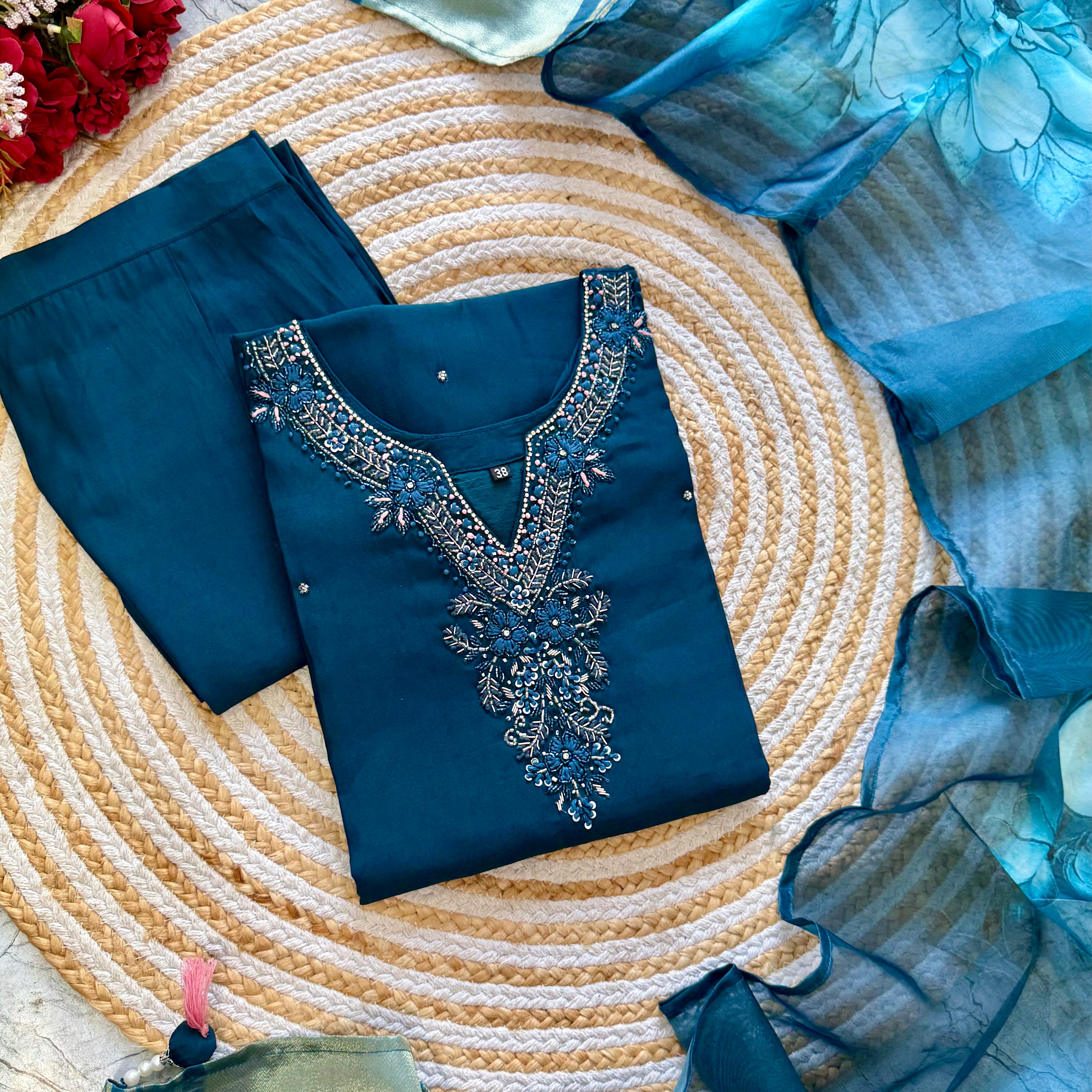 “KAVERI” Premium roman silk handcrafted kurti set