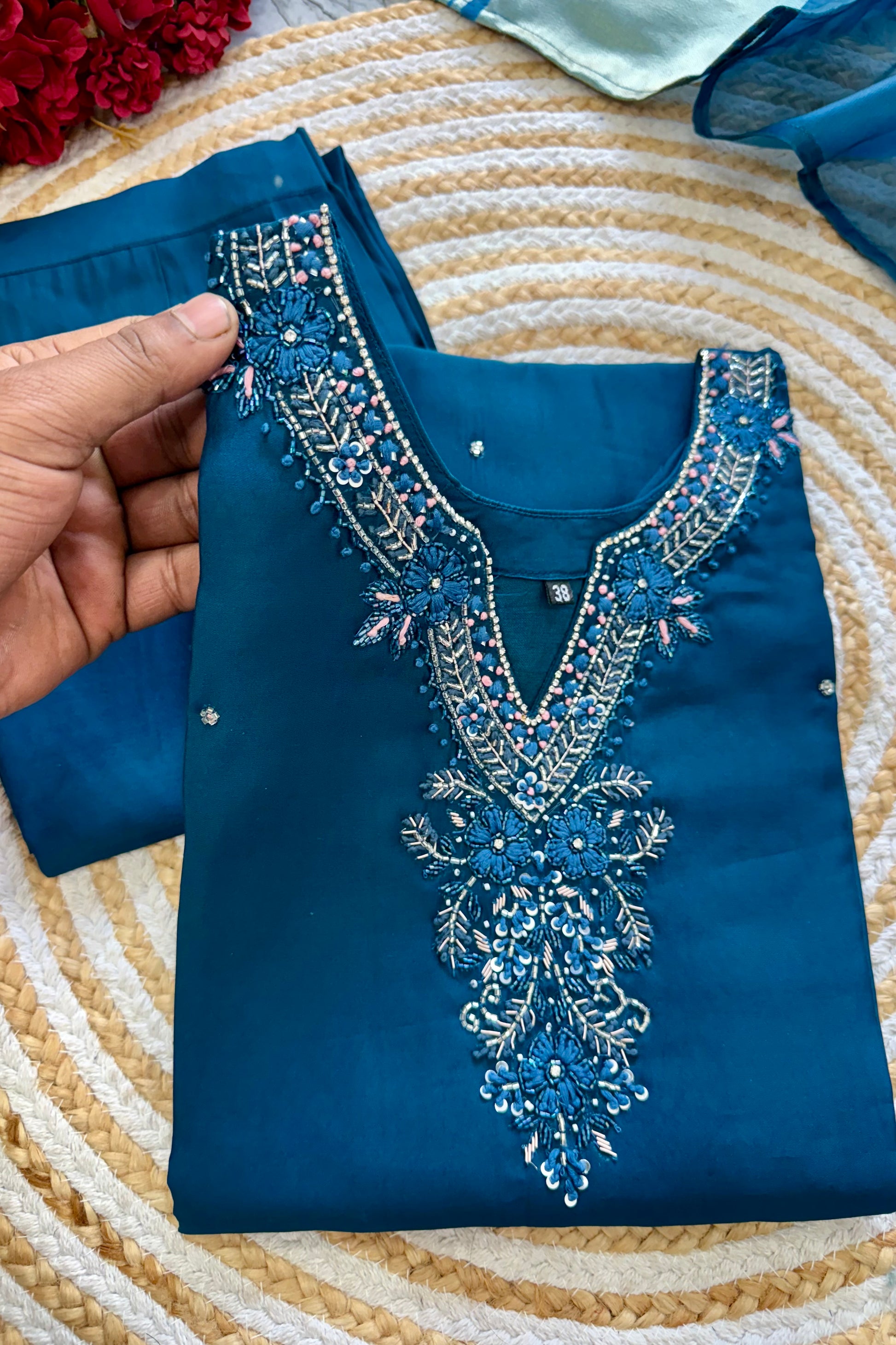 “KAVERI” Premium roman silk handcrafted kurti set