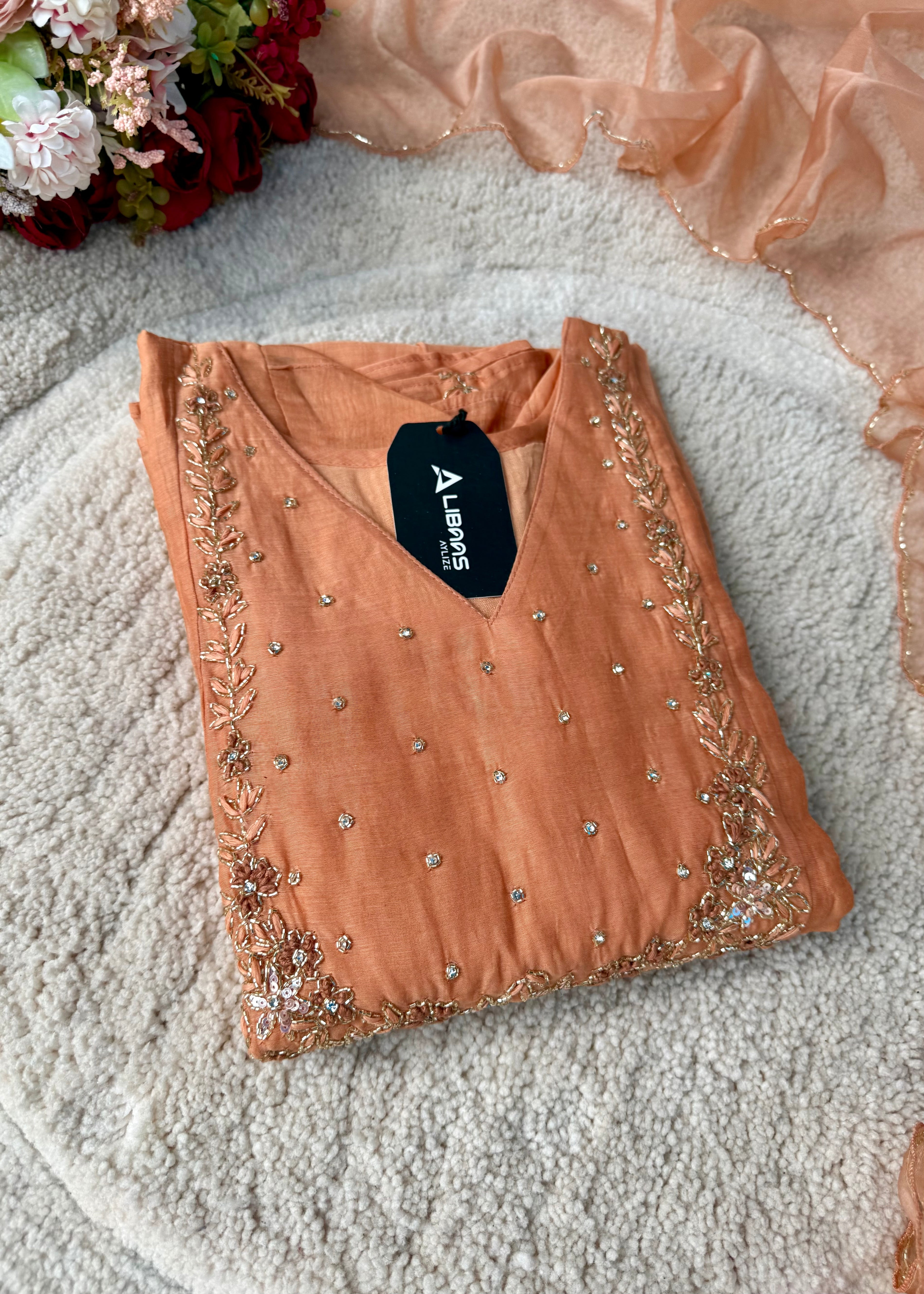 “Ayza” Pre Book Premium Peach Mul Chanderi A Line Suit set 🛍️