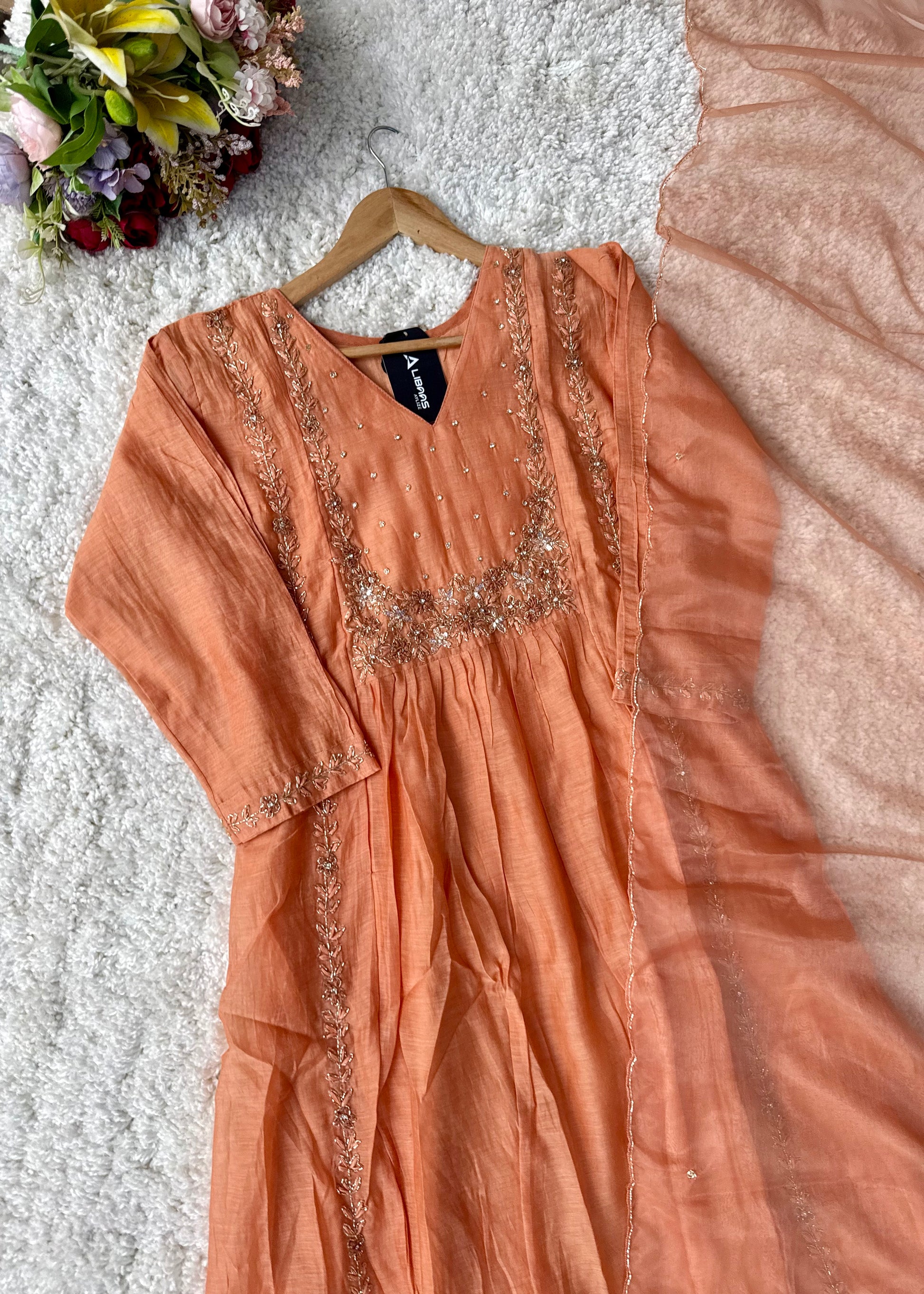 “Ayza” Pre Book Premium Peach Mul Chanderi A Line Suit set 🛍️