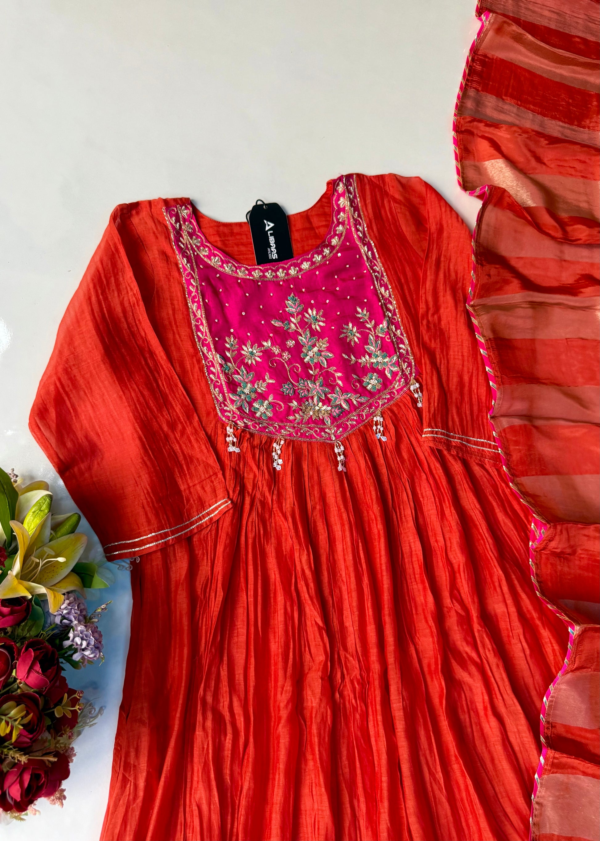 “Deep” Premium Rust Orange Mul Chanderi Anarkali Kurta Set