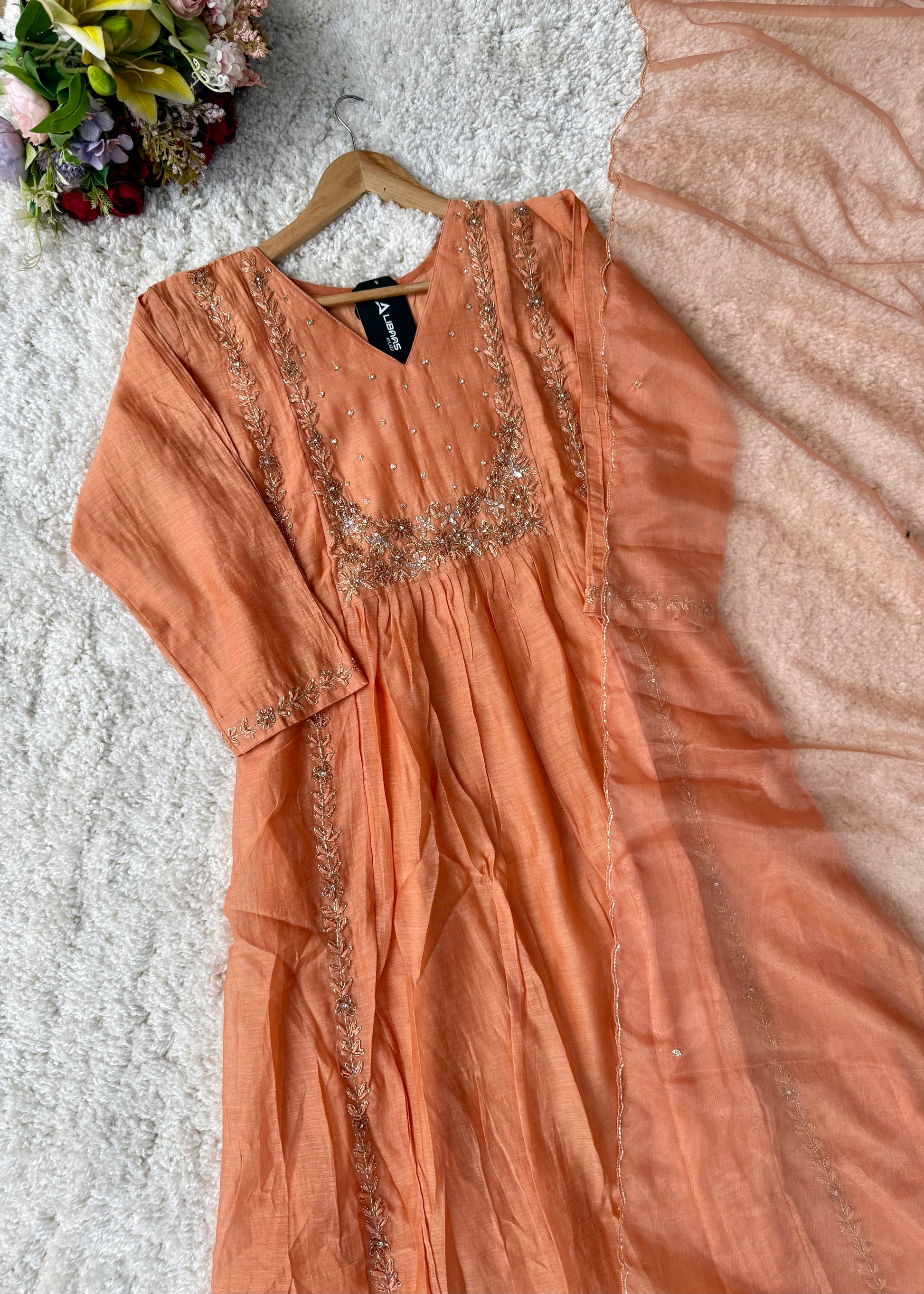 “Ayza” Pre Book Premium Peach Mul Chanderi A Line Suit set 🛍️
