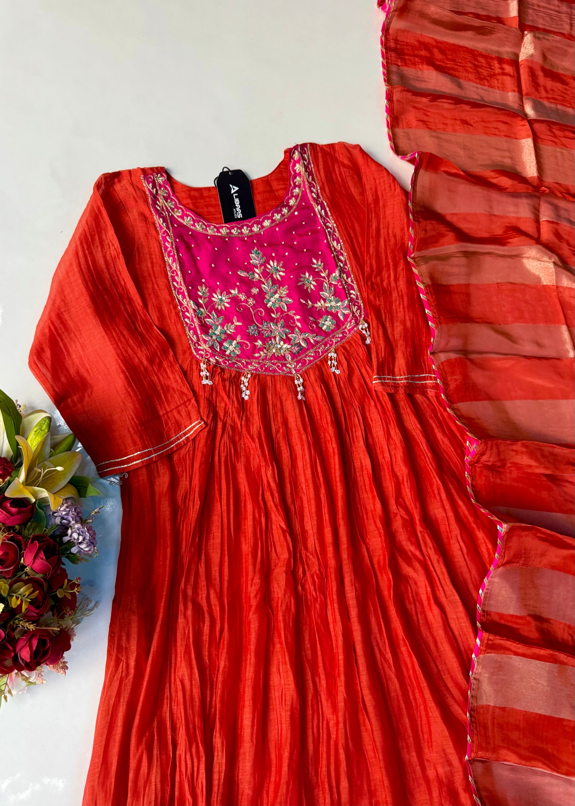 “Deep” Premium Rust Orange Mul Chanderi Anarkali Kurta Set