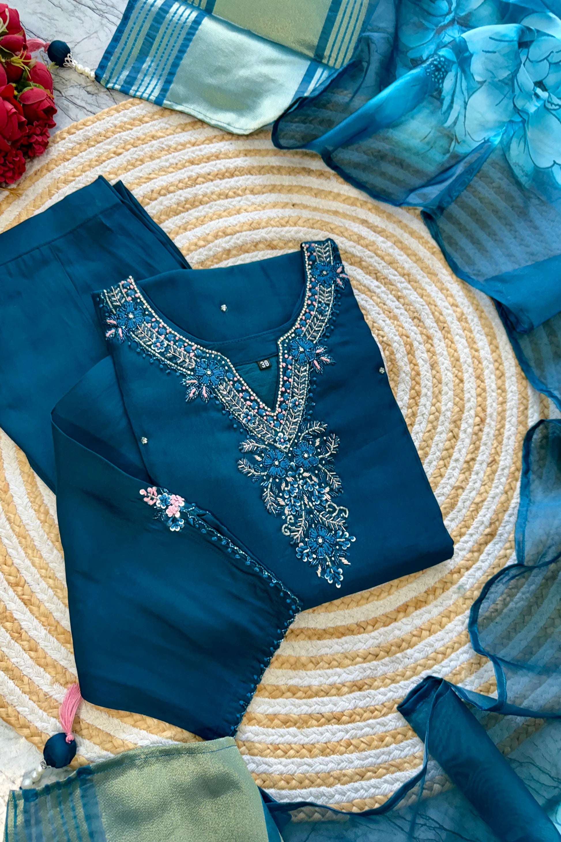 “KAVERI” Premium roman silk handcrafted kurti set