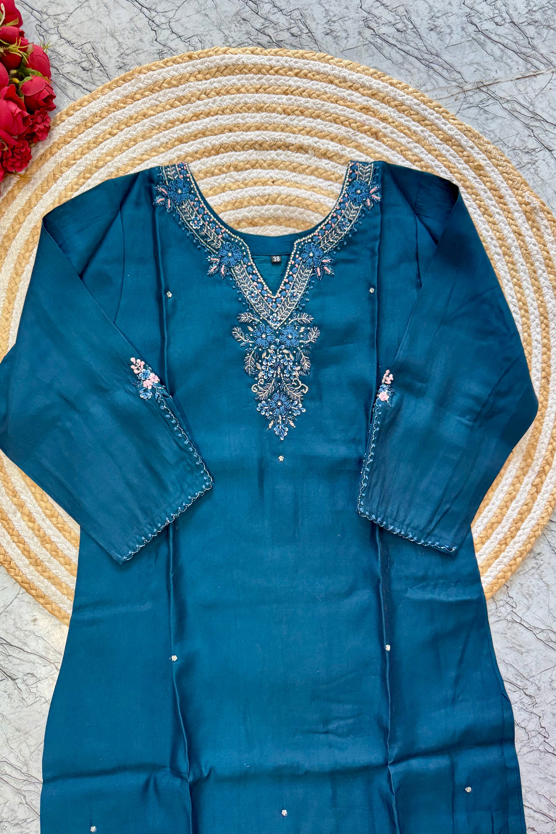 “KAVERI” Premium roman silk handcrafted kurti set