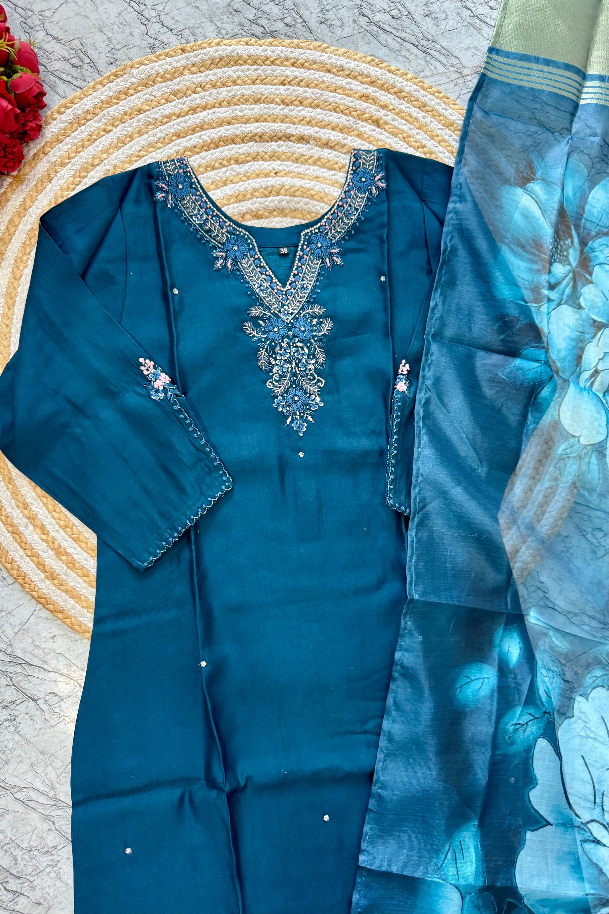 “KAVERI” Premium roman silk handcrafted kurti set