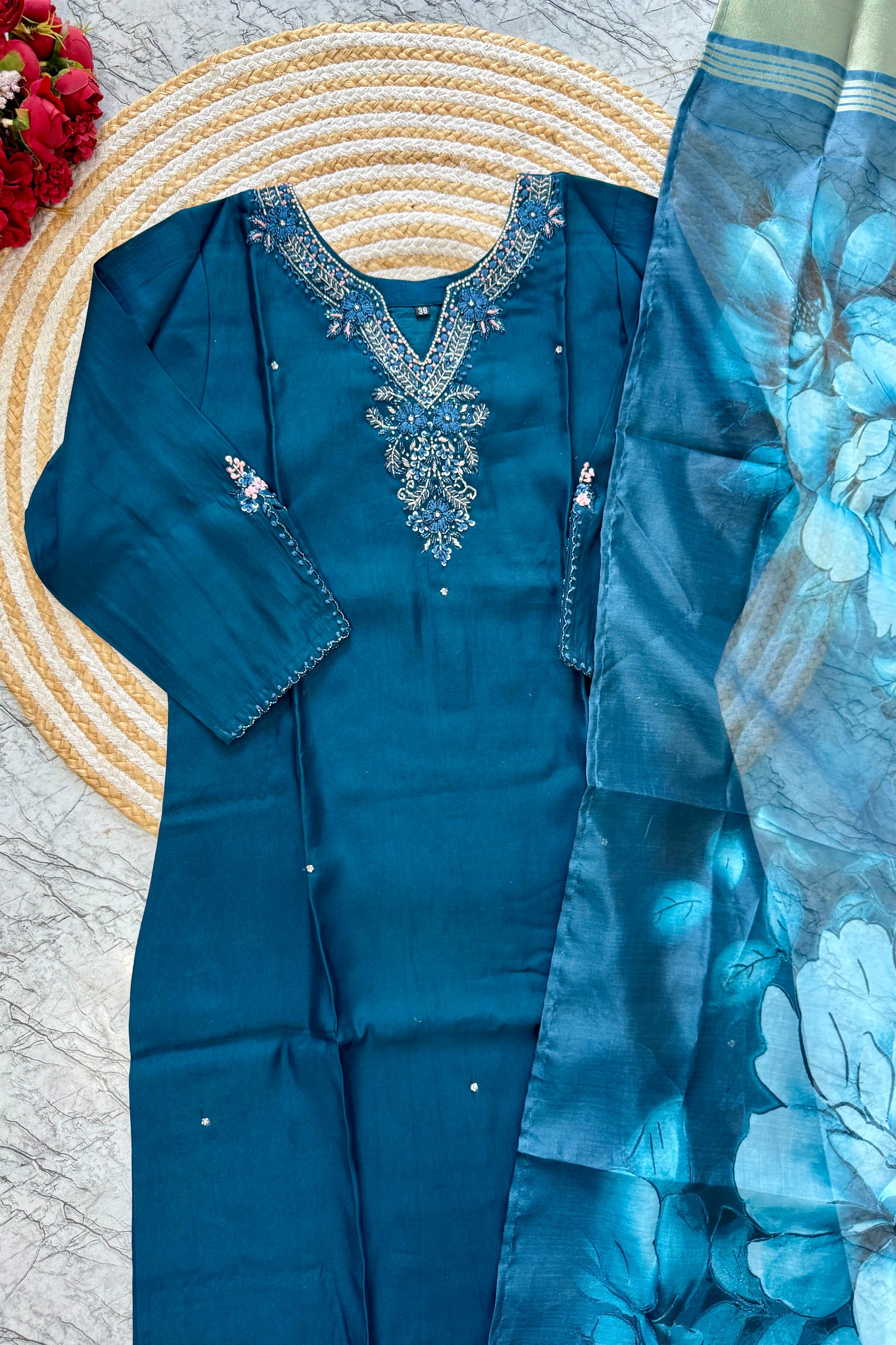 “KAVERI” Premium roman silk handcrafted kurti set