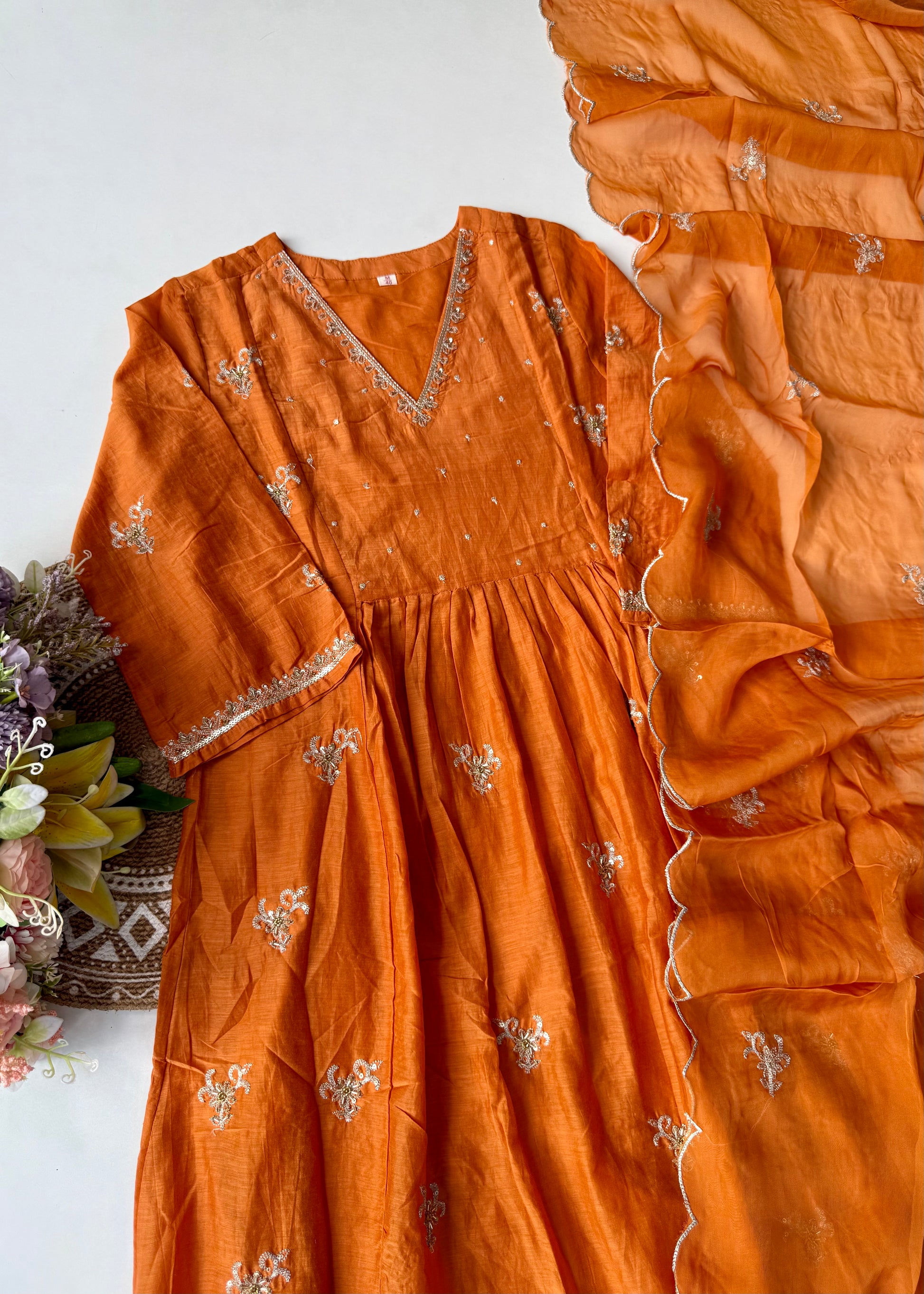 “Ishira” Premium Mul Chanderi Anarkali Kurta Set with Handwork