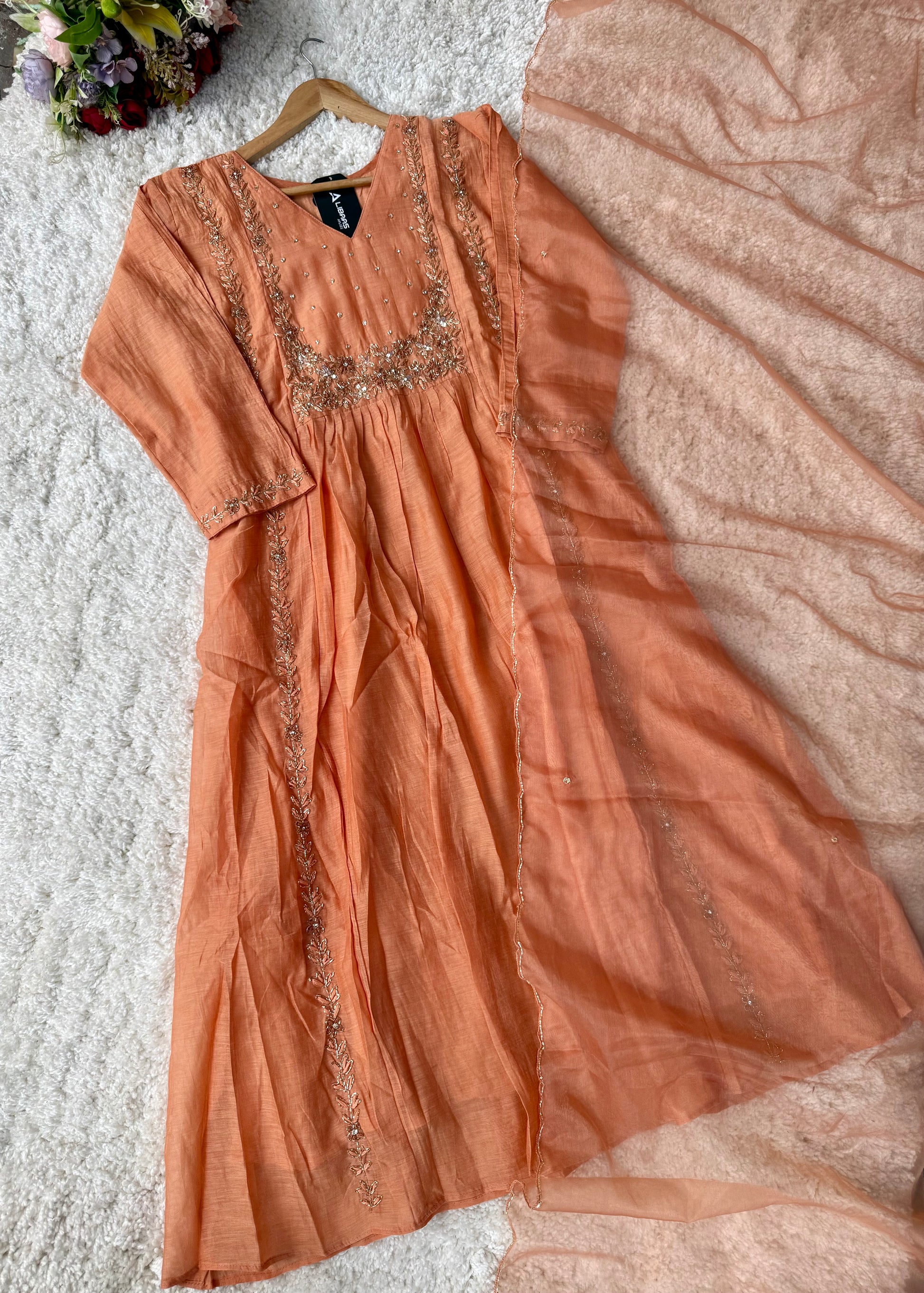 “Ayza” Pre Book Premium Peach Mul Chanderi A Line Suit set 🛍️