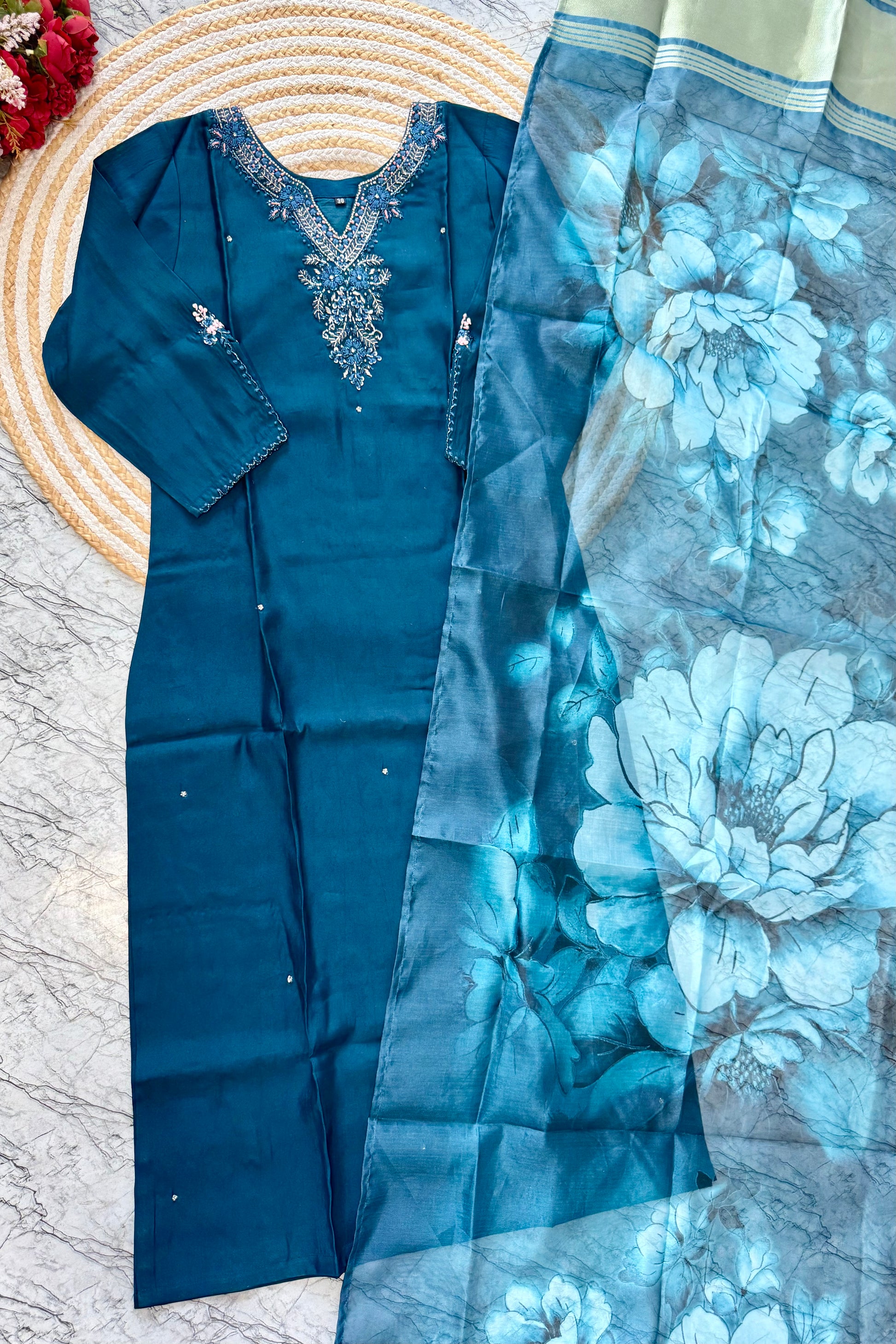 “KAVERI” Premium roman silk handcrafted kurti set
