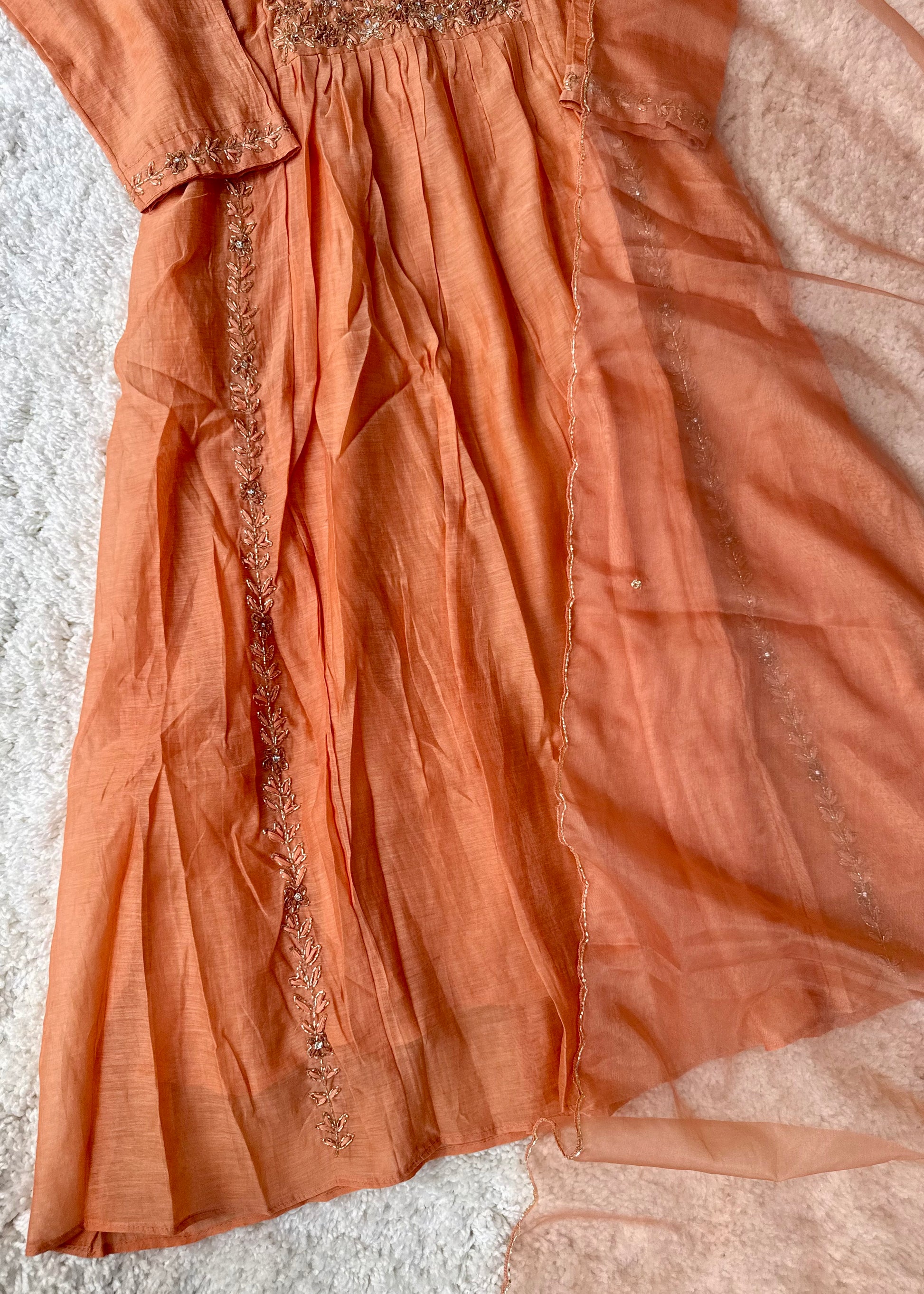 “Ayza” Pre Book Premium Peach Mul Chanderi A Line Suit set 🛍️