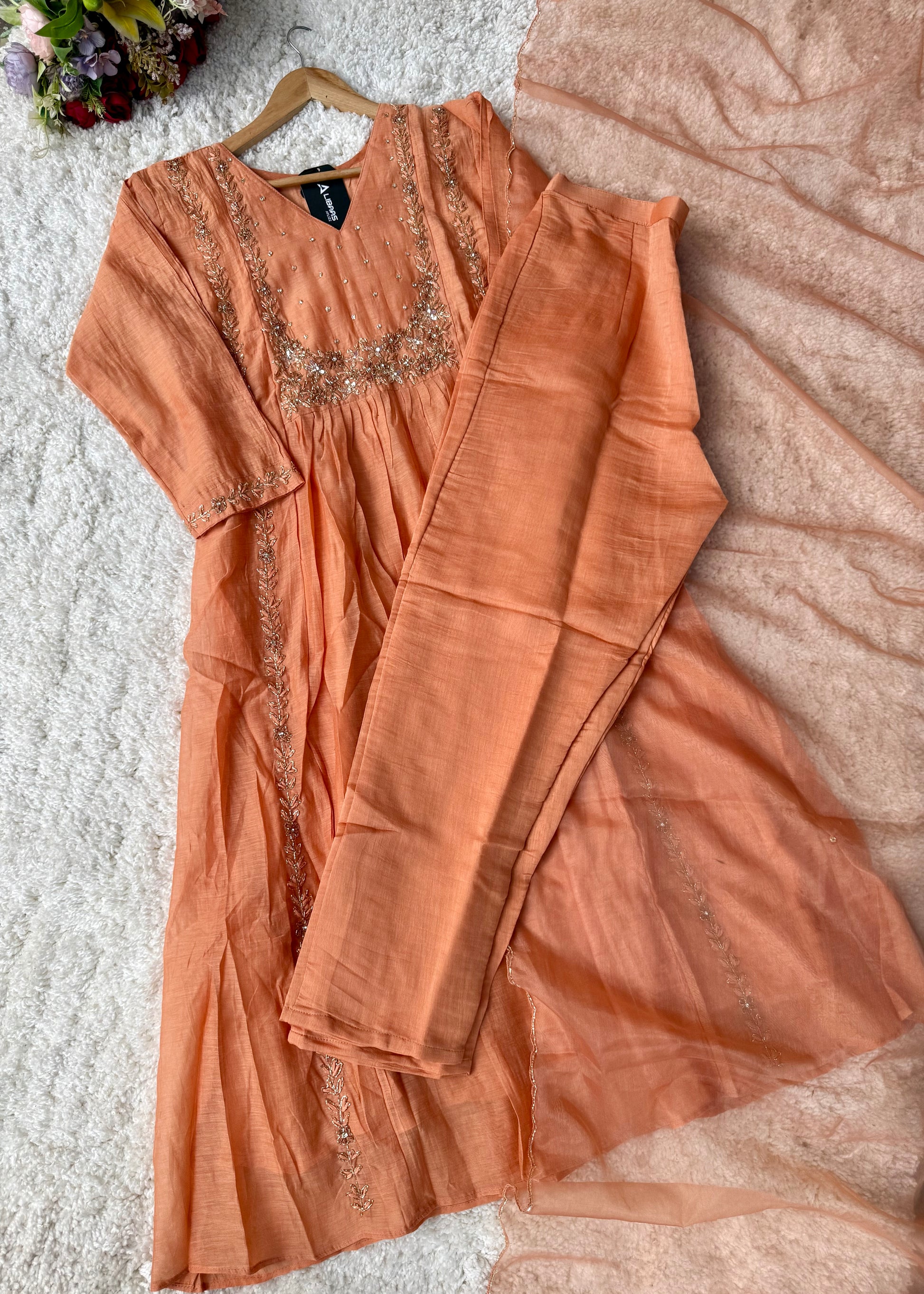 “Ayza” Pre Book Premium Peach Mul Chanderi A Line Suit set 🛍️