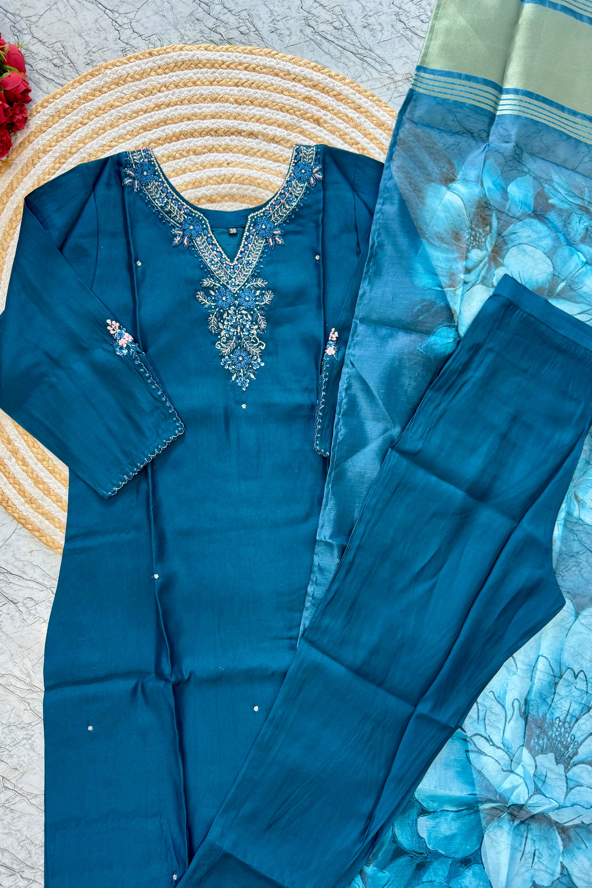 “KAVERI” Premium roman silk handcrafted kurti set