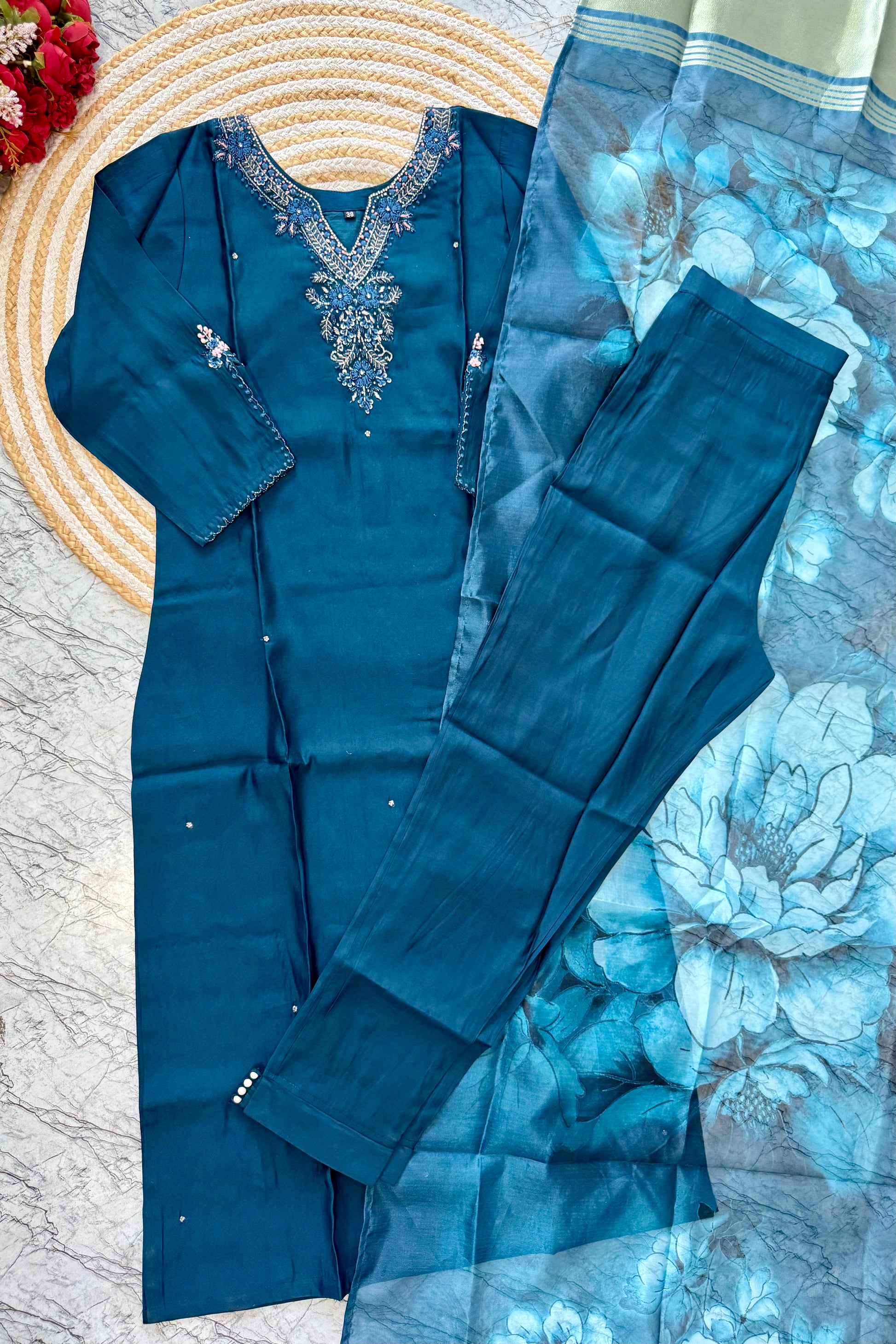 “KAVERI” Premium roman silk handcrafted kurti set