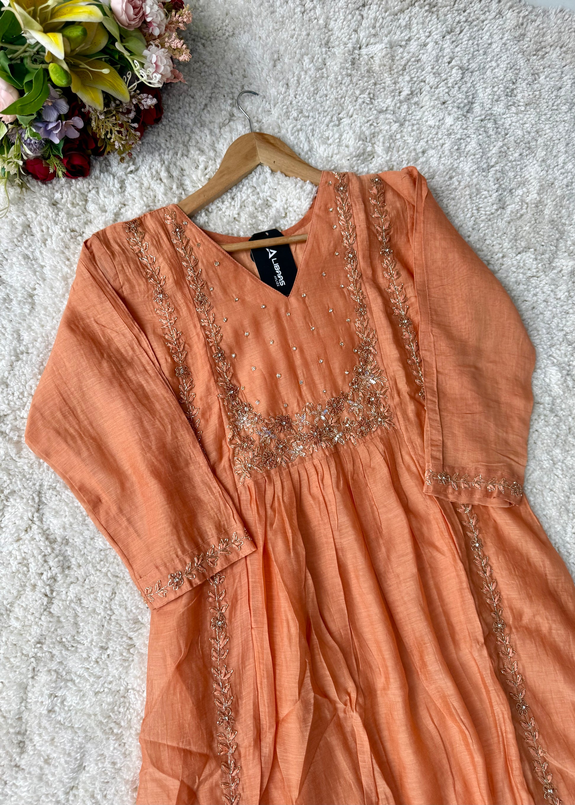 “Ayza” Pre Book Premium Peach Mul Chanderi A Line Suit set 🛍️