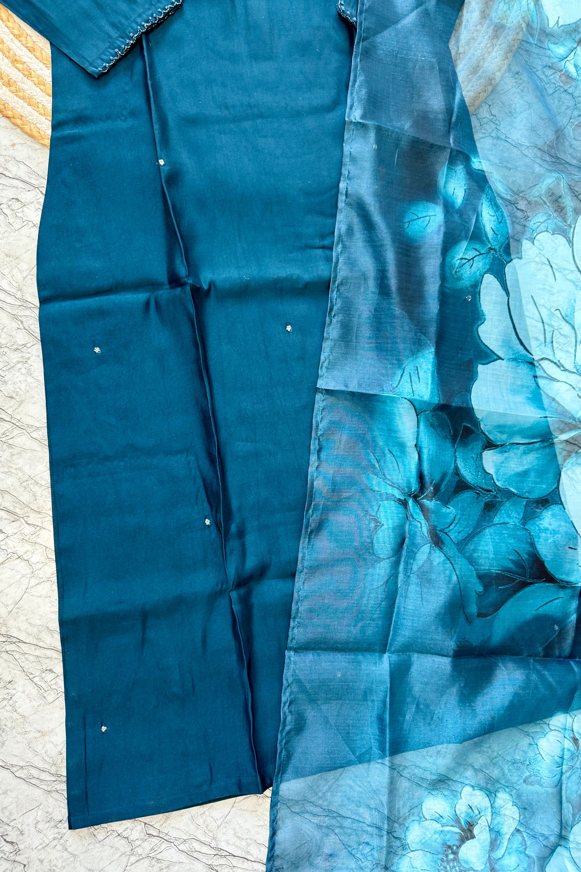 “KAVERI” Premium roman silk handcrafted kurti set