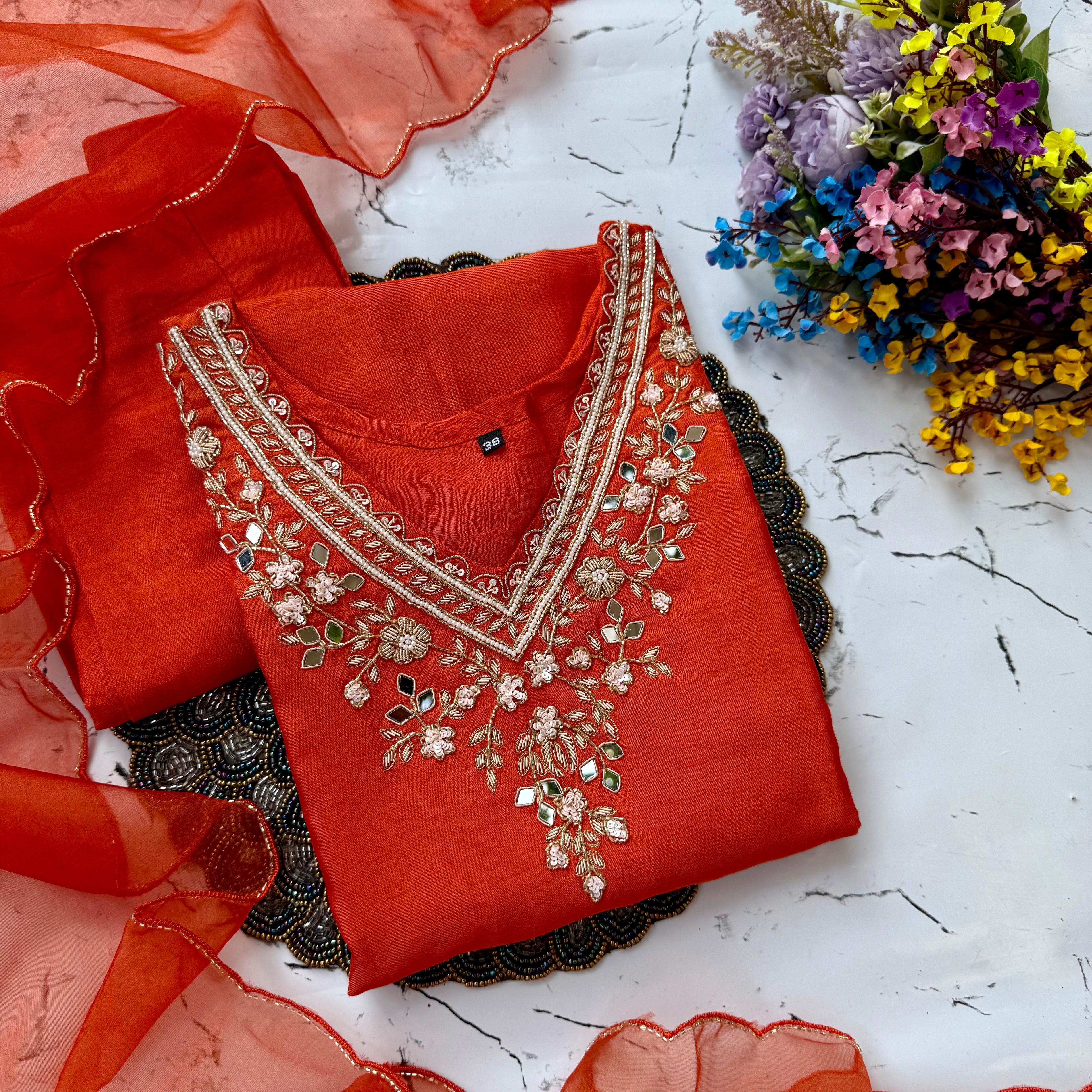 Aasma” Handcrafted mirror work dola silk kurti set 🛍️