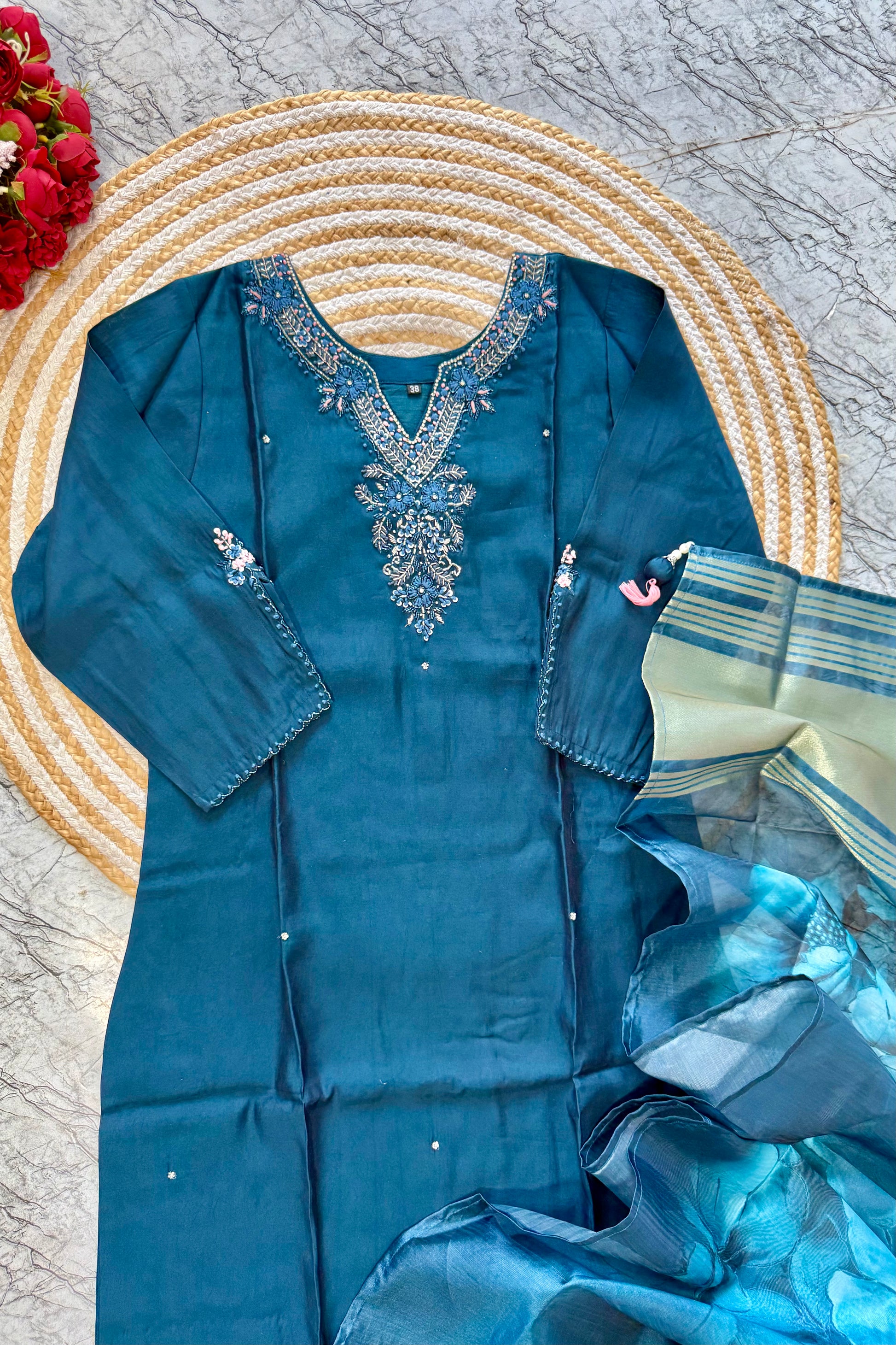 “KAVERI” Premium roman silk handcrafted kurti set