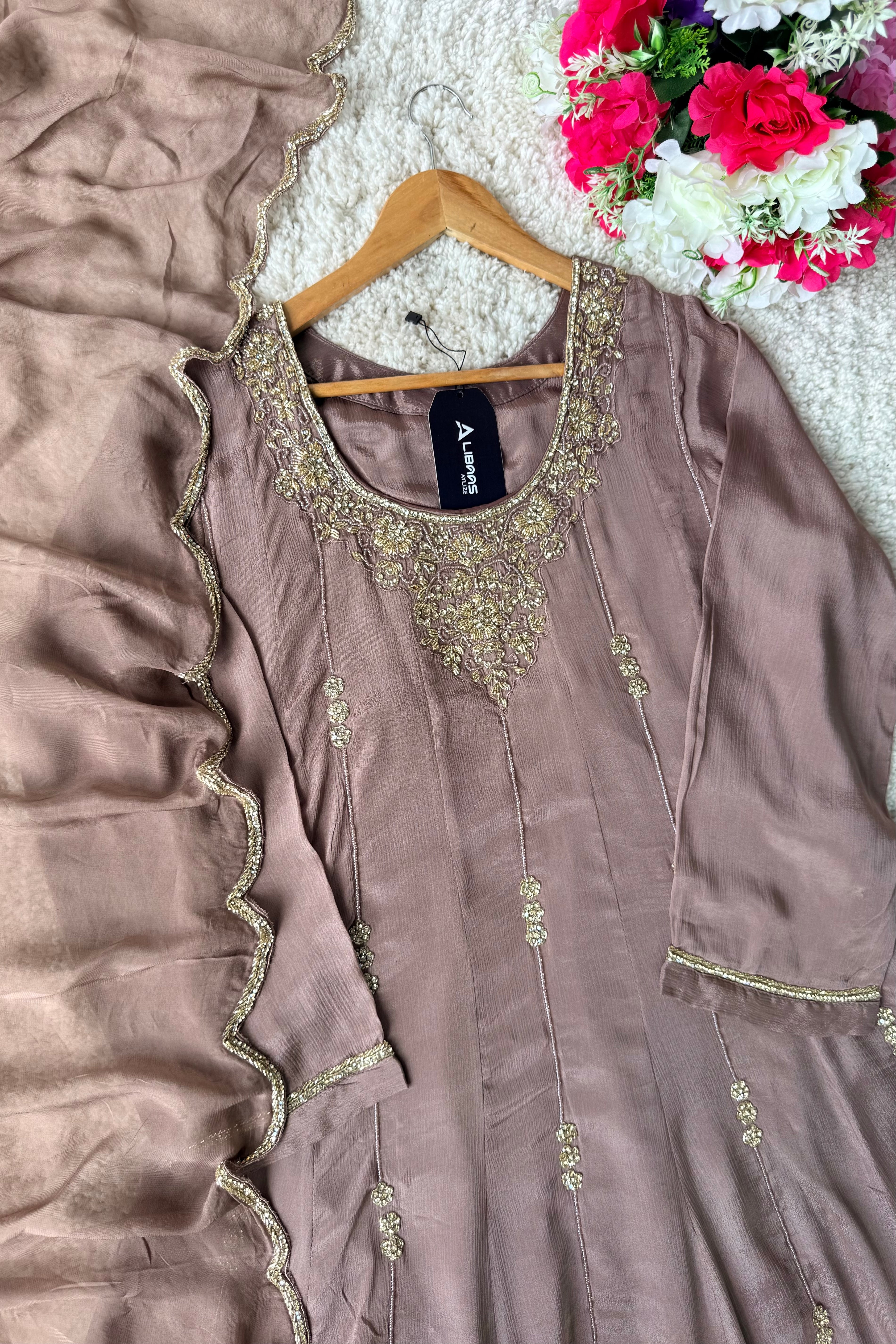 ✨Cocoa – Premium Dusty Cocoa Taupe Chinnon Anarkali suit