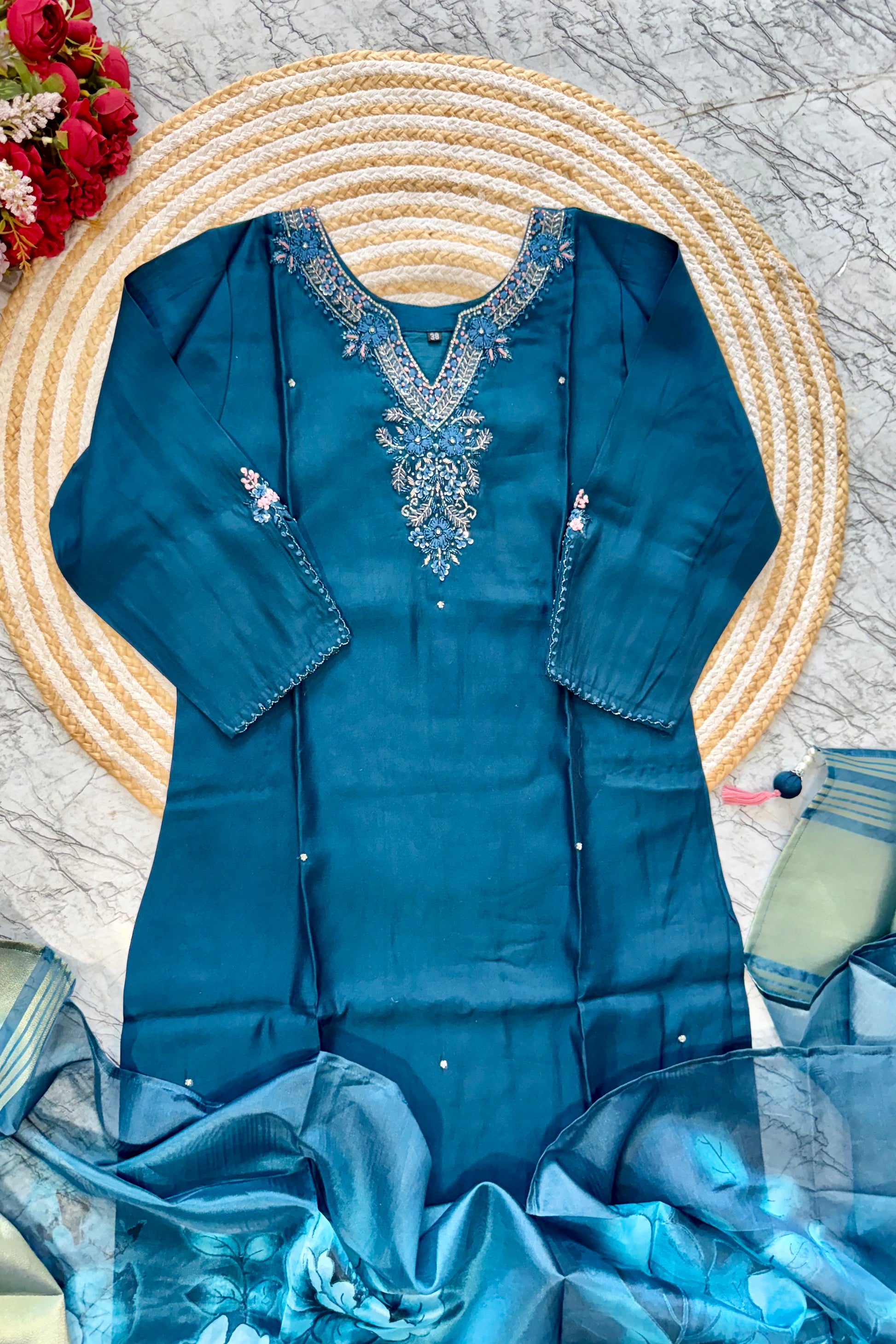 “KAVERI” Premium roman silk handcrafted kurti set