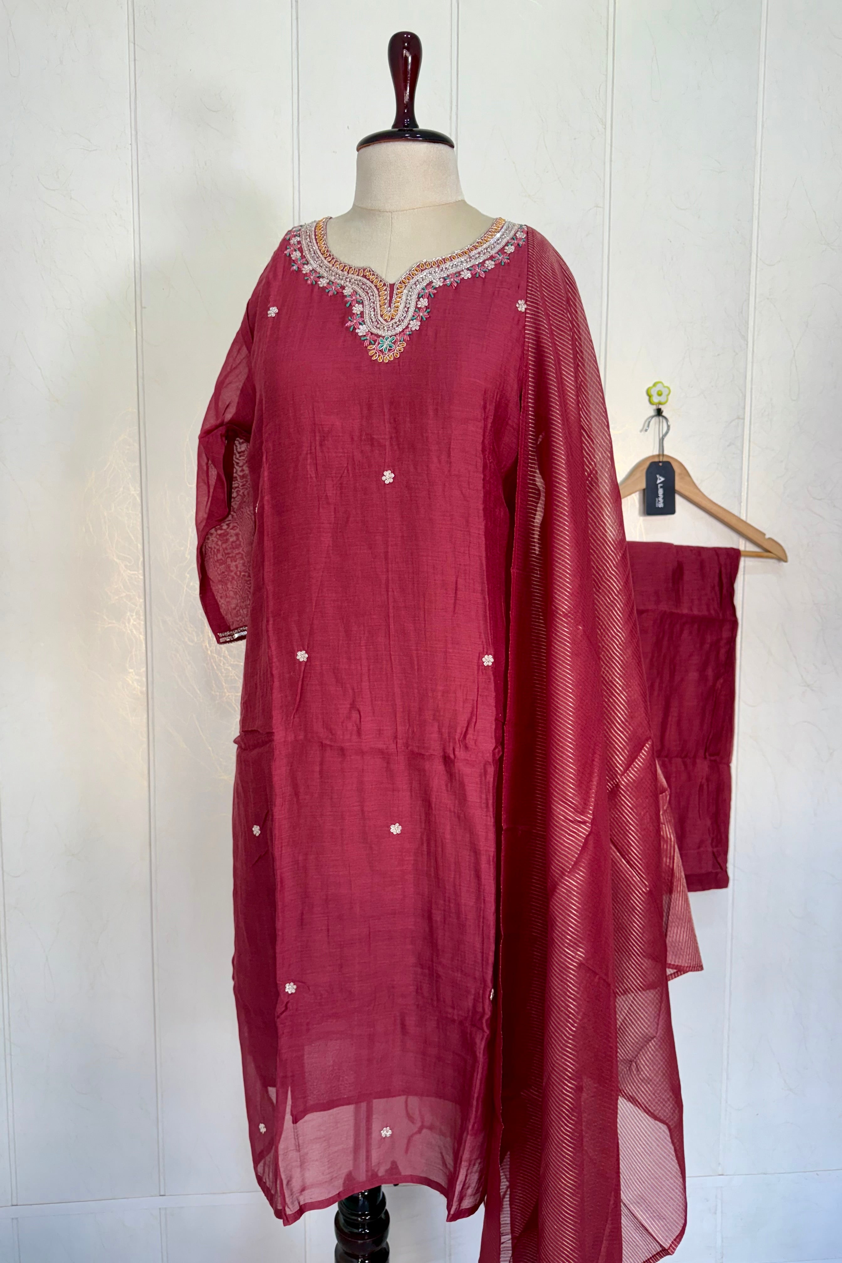 “Bindiya” Deep Rose Mul Chanderi handwork kurta set