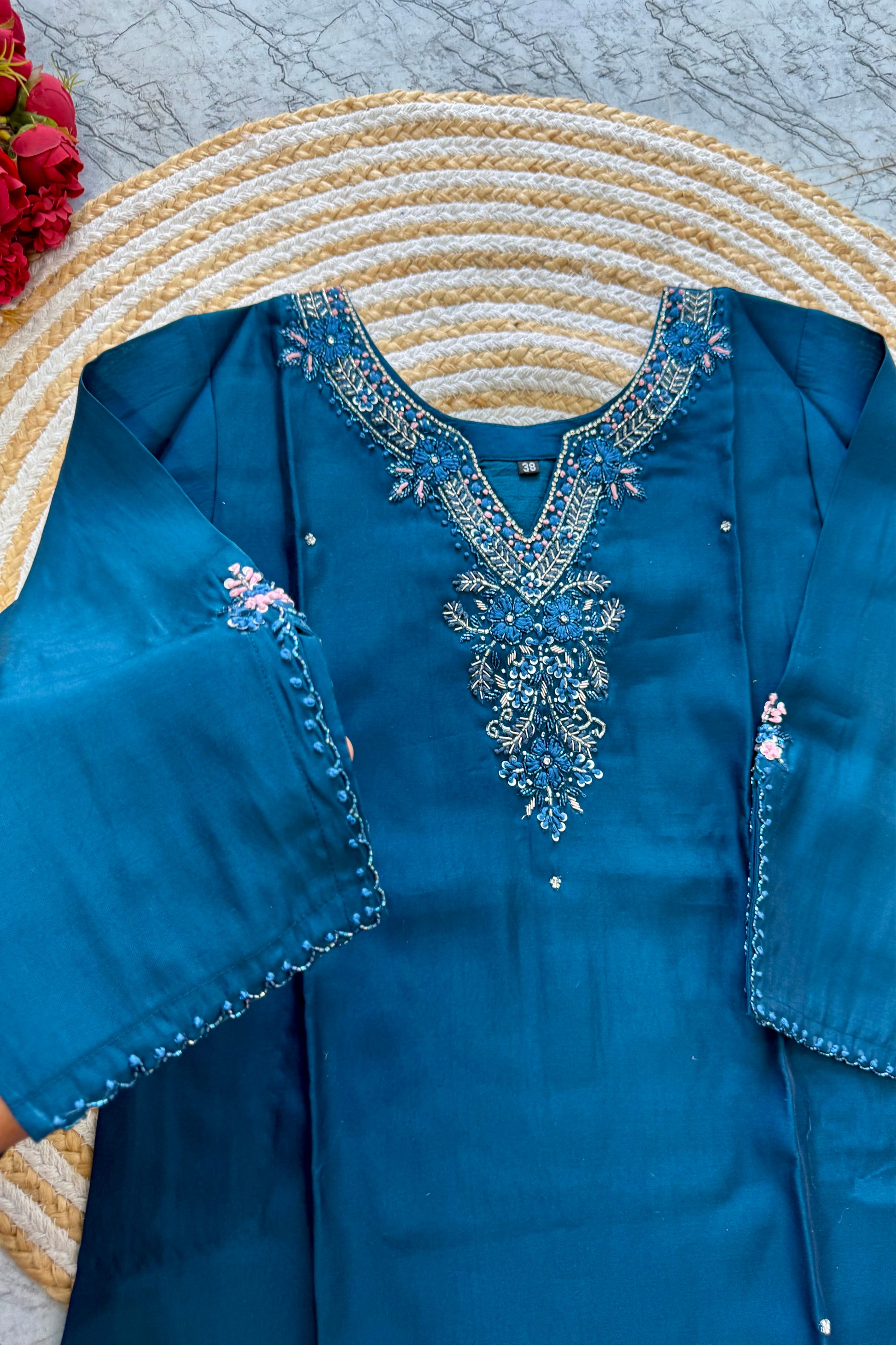 “KAVERI” Premium roman silk handcrafted kurti set