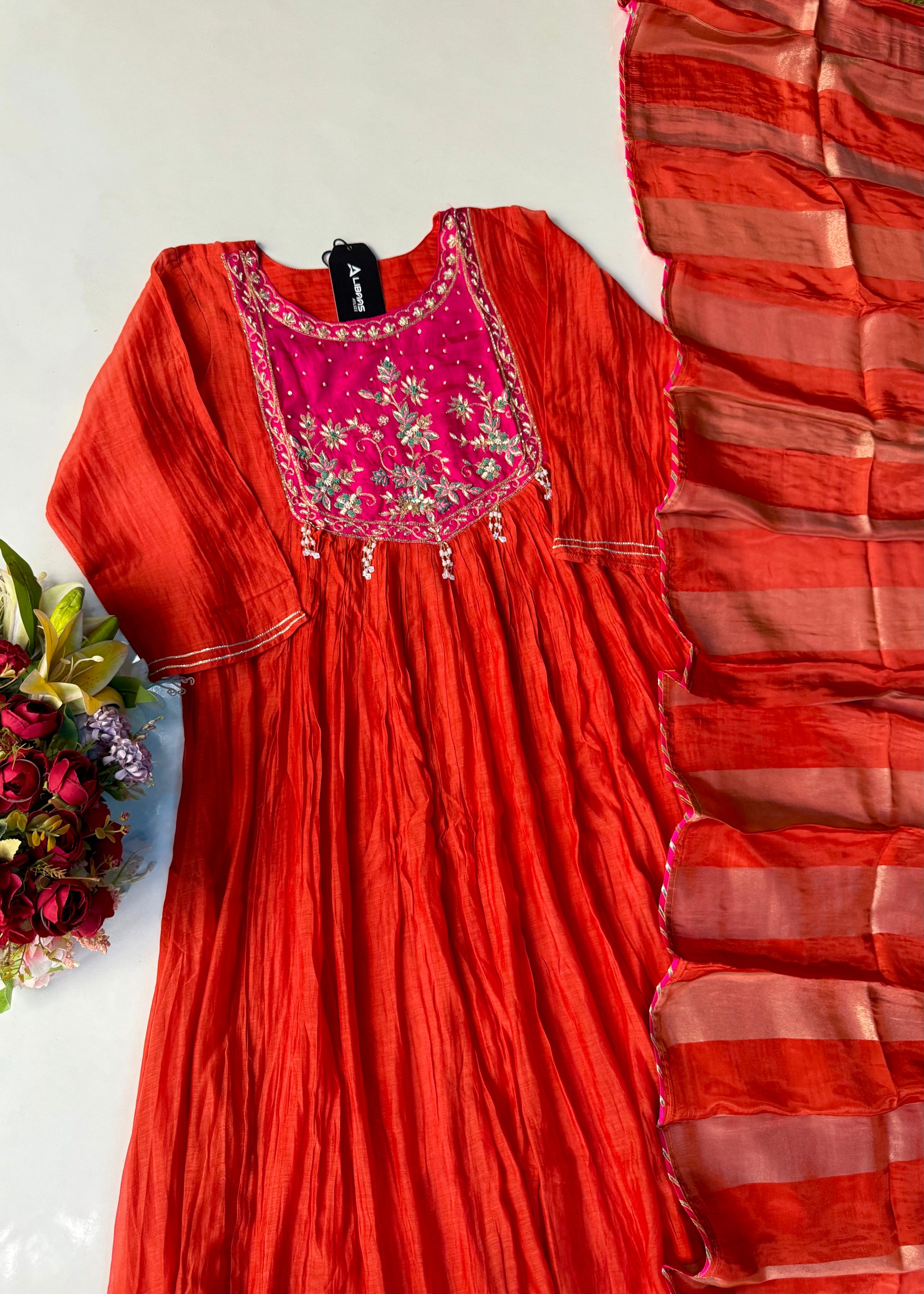 “Deep” Premium Rust Orange Mul Chanderi Anarkali Kurta Set