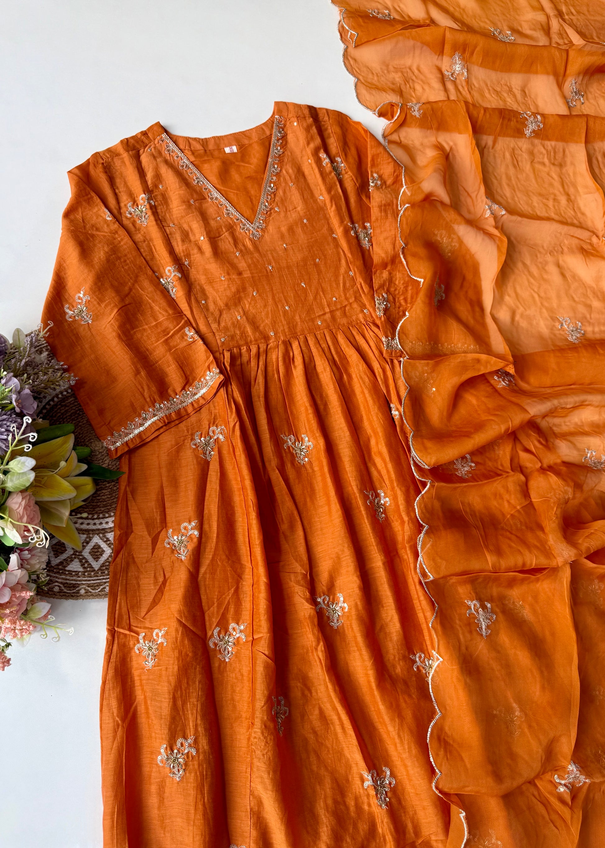 “Ishira” Premium Mul Chanderi Anarkali Kurta Set with Handwork