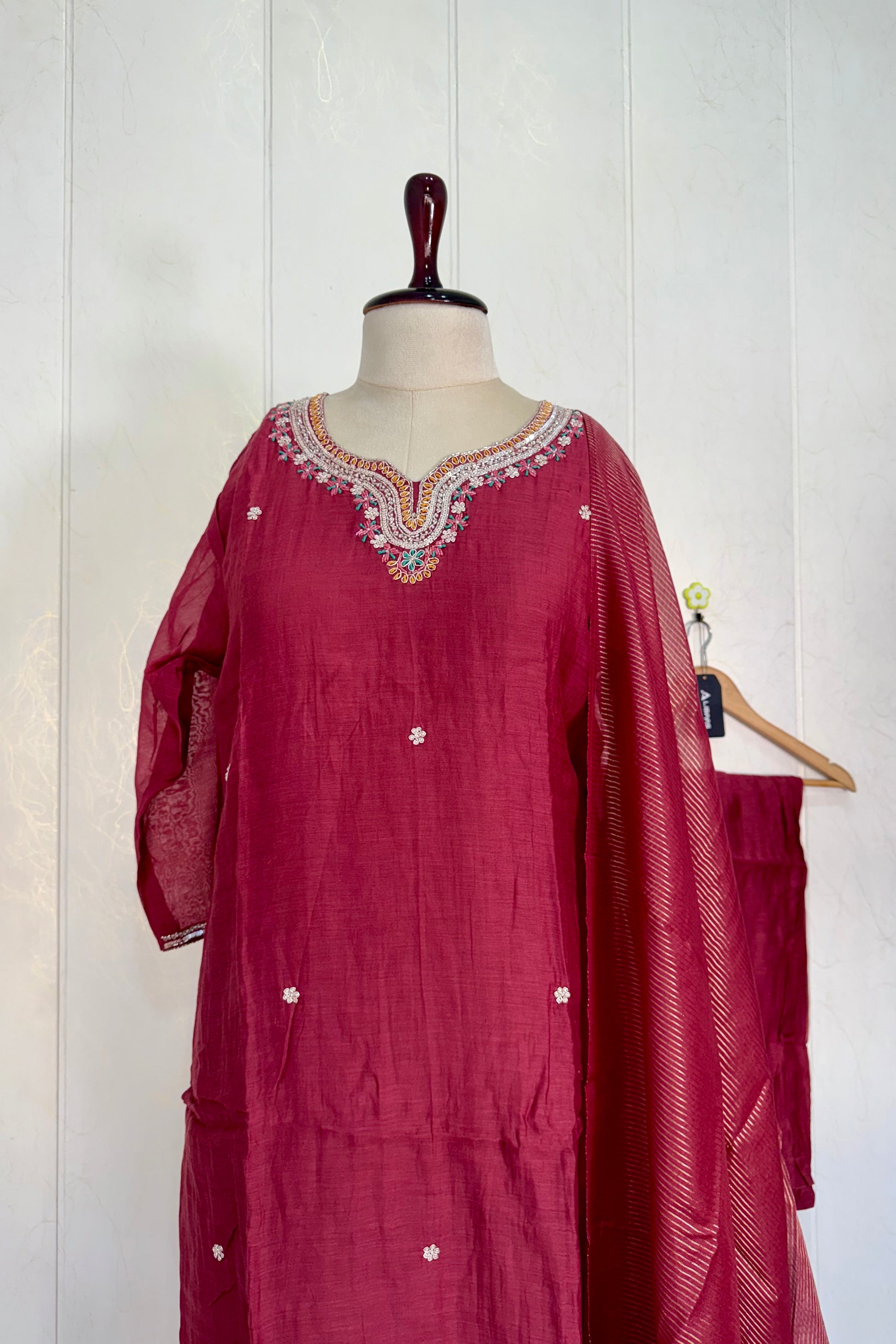 “Bindiya” Deep Rose Mul Chanderi handwork kurta set