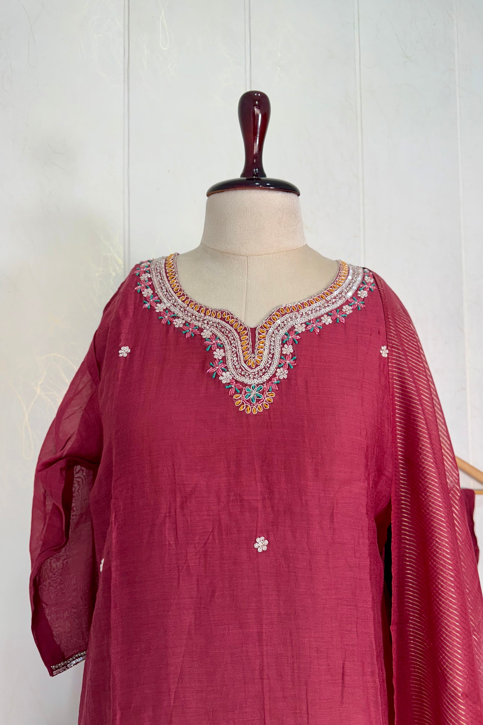 “Bindiya” Deep Rose Mul Chanderi handwork kurta set