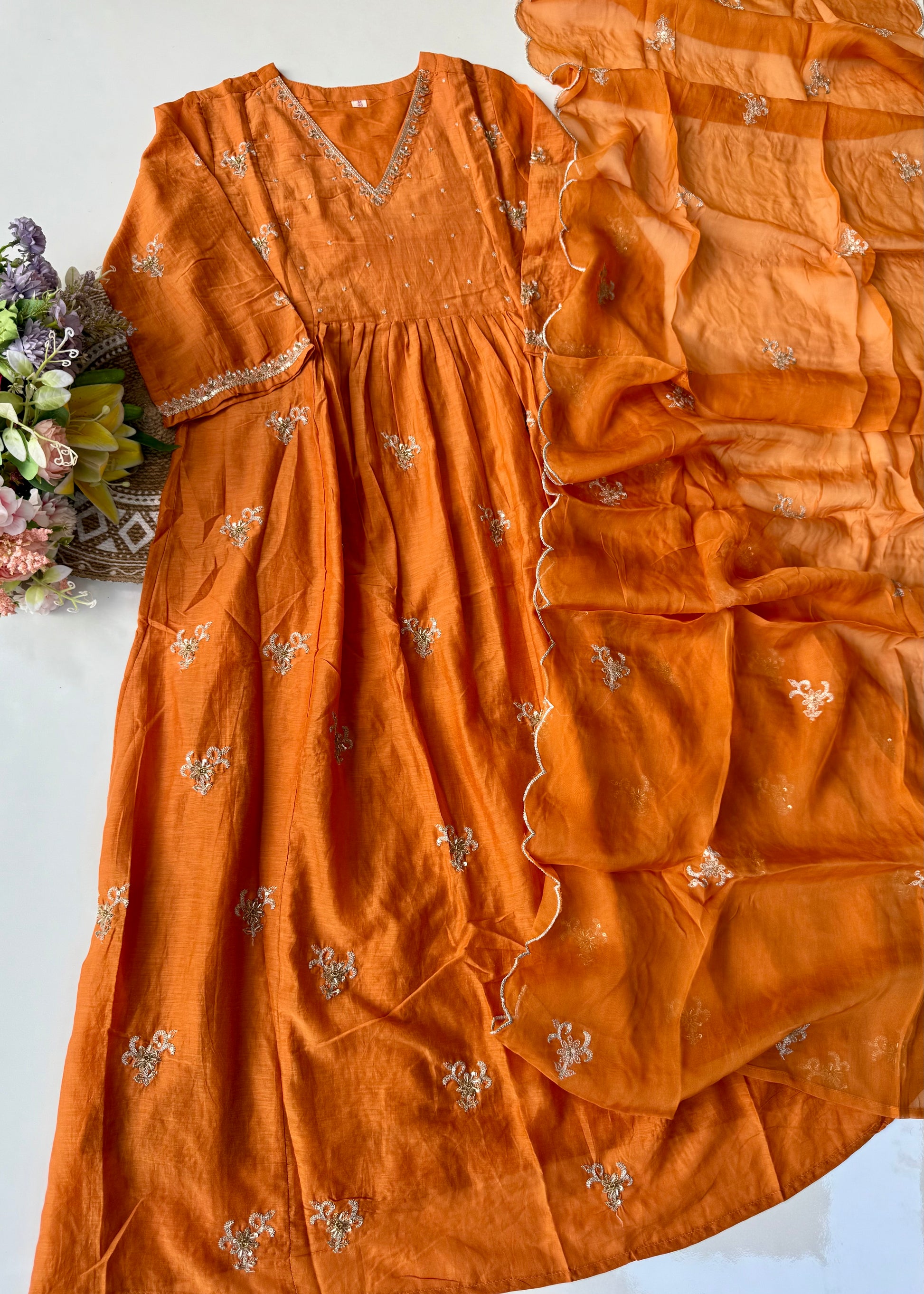 “Ishira” Premium Mul Chanderi Anarkali Kurta Set with Handwork