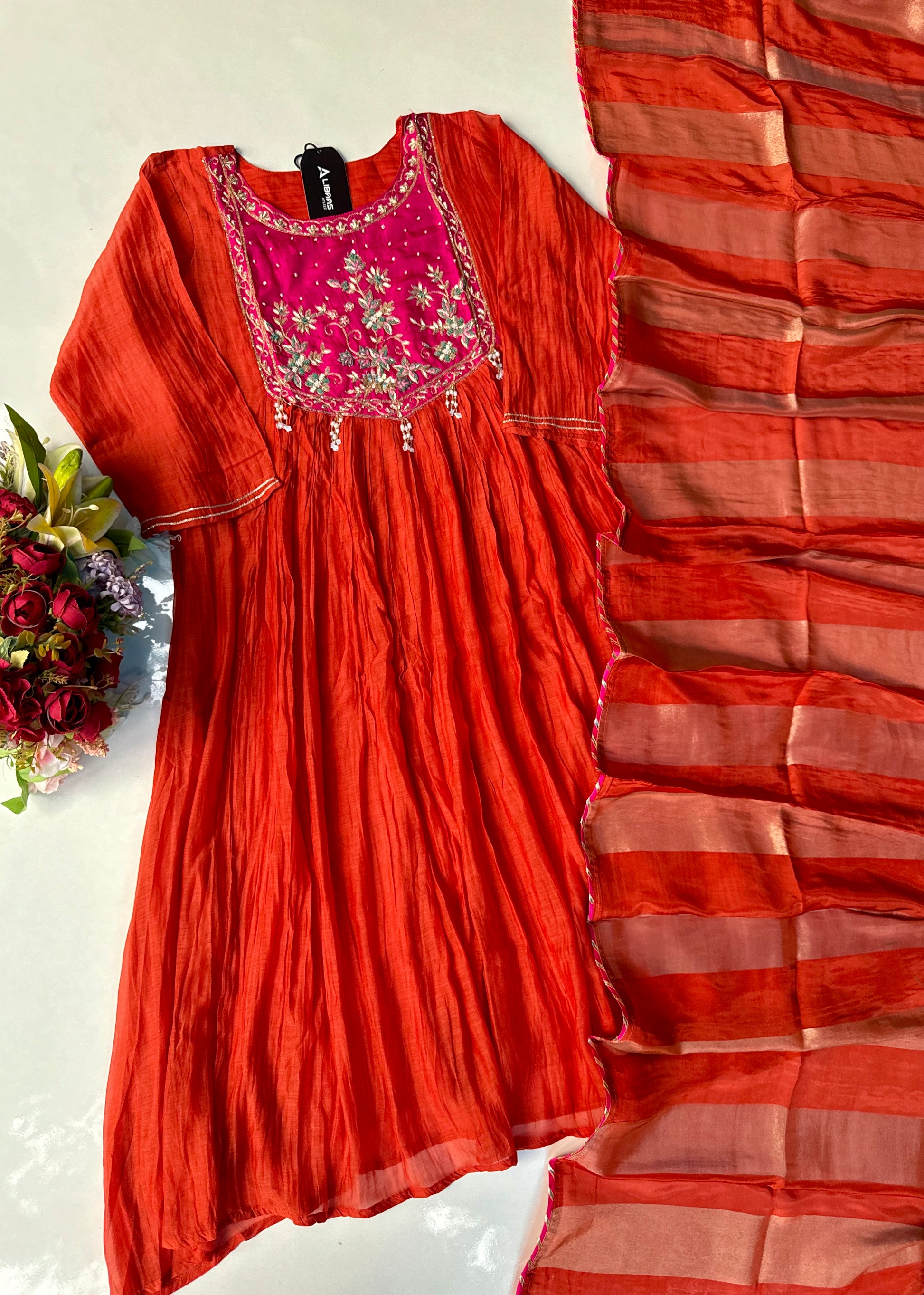 “Deep” Premium Rust Orange Mul Chanderi Anarkali Kurta Set