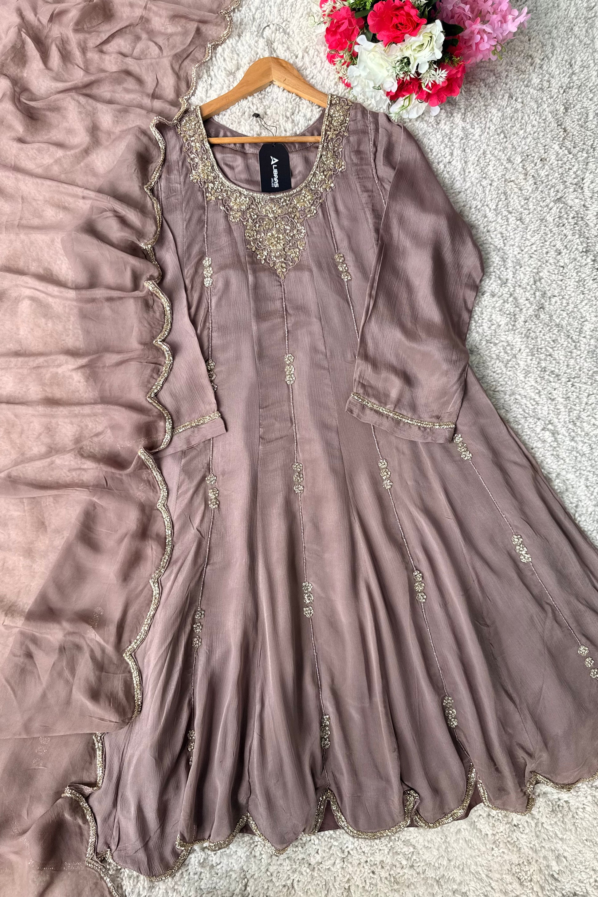 ✨Cocoa – Premium Dusty Cocoa Taupe Chinnon Anarkali suit
