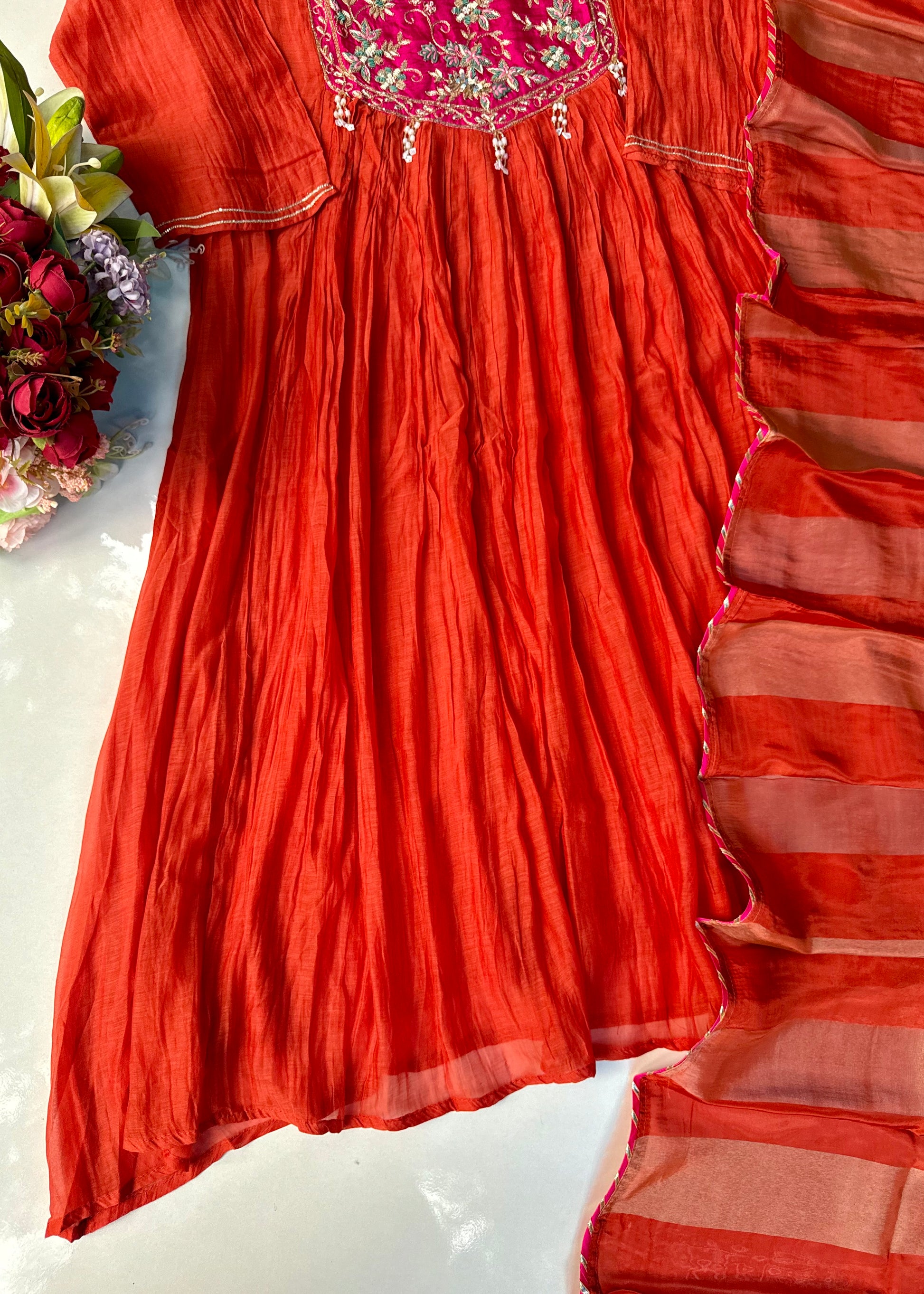 “Deep” Premium Rust Orange Mul Chanderi Anarkali Kurta Set