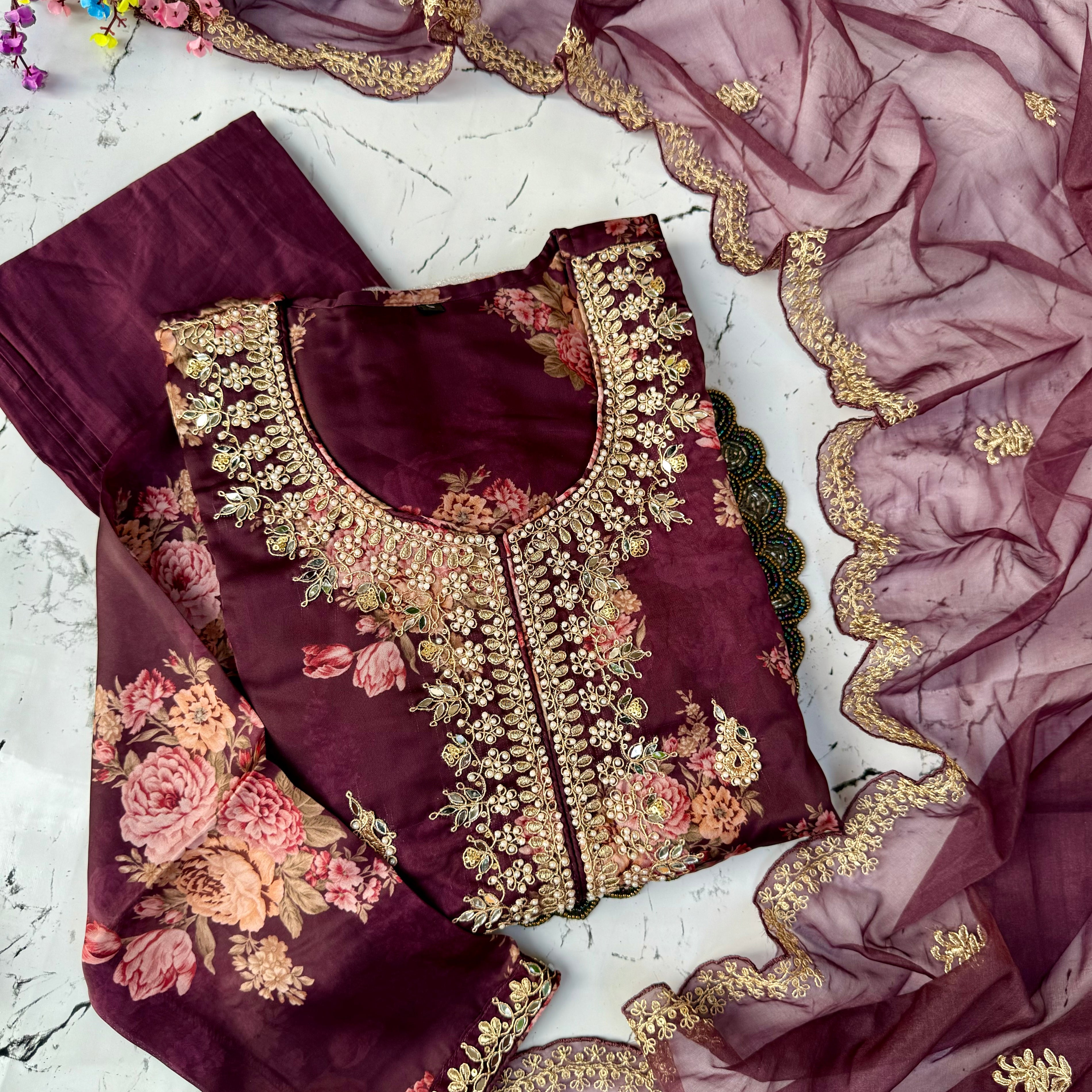"Aditi" Wine organza printed & handwork stright kurta set